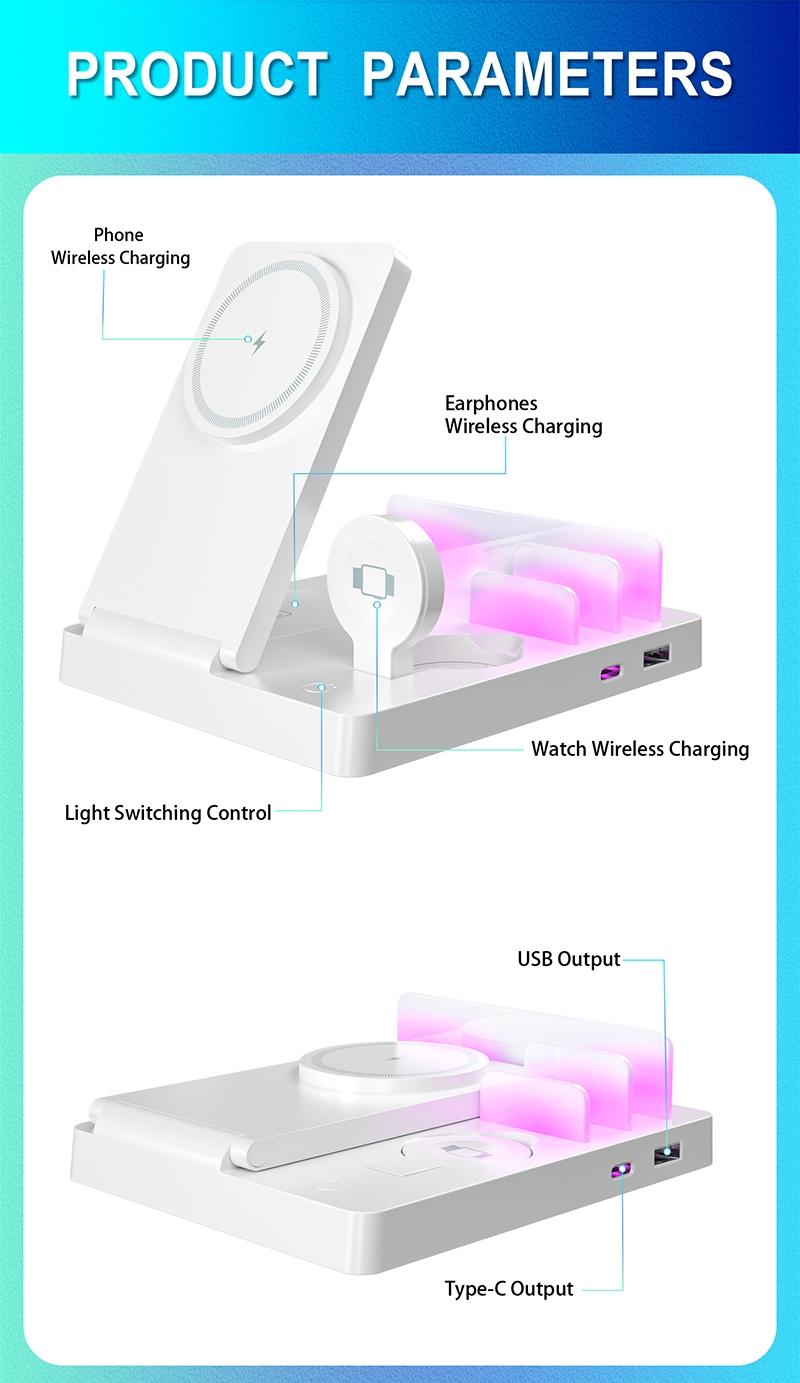 Smart Multi-Device Fast Wireless Charging Station, Foldable Charger Stand, Smart Charging Dock, Compatible with iPhone Samsung Series Apple Watch, Lightweight USB Design