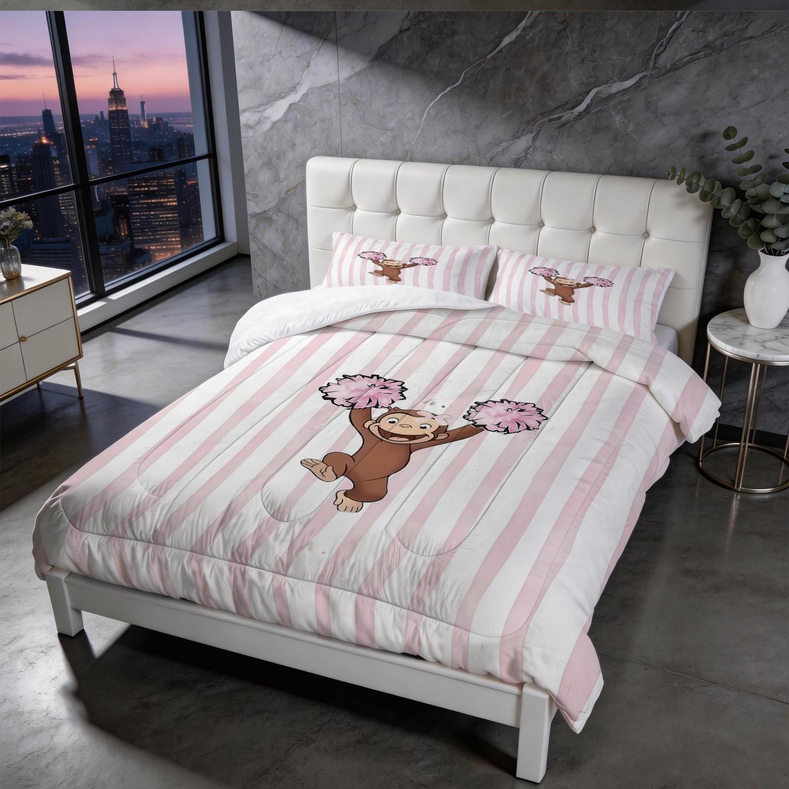 2/3 Piece Curious George Comforter Set, 1 Comforter + 1/2 Pillowcases, Cute Cartoon Monkey Cheerleader Diving Bedding, Kids Bedroom Decor for Girls Boys Teens, Ideal Gift for Curious George Fans