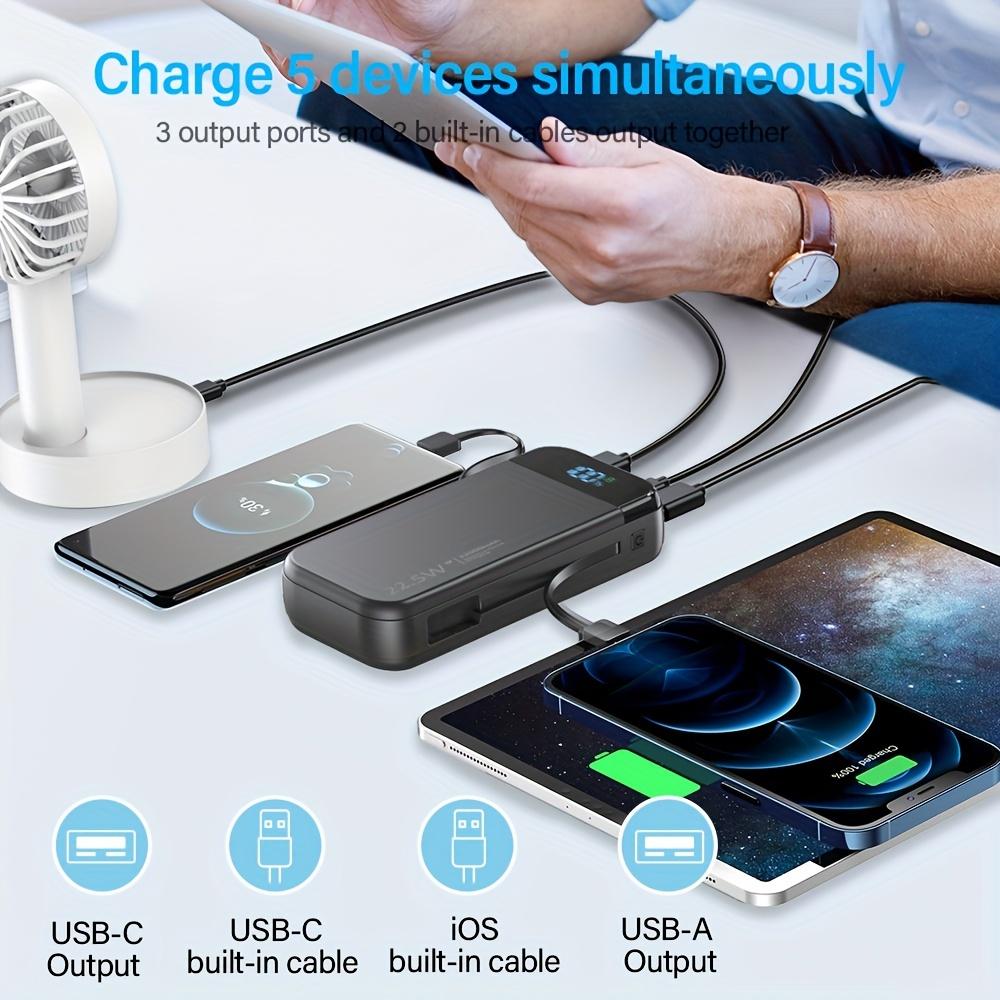 32000mAh Portable Charger with Built-in Cables, 22.5W Super Fast Charging Power Bank, Dual USB Output, 5 Outputs & 3 Inputs, 5 Outputs LCD Display Travel Battery Pack Compatible with iPhone, Samsung All Cell Phones