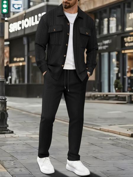 Men's Spring & Fall New Suit Set, Jacquard Heavyweight Reversible Collar Dual Pocket Long Sleeve Drawstring Pants, Soft Fabric