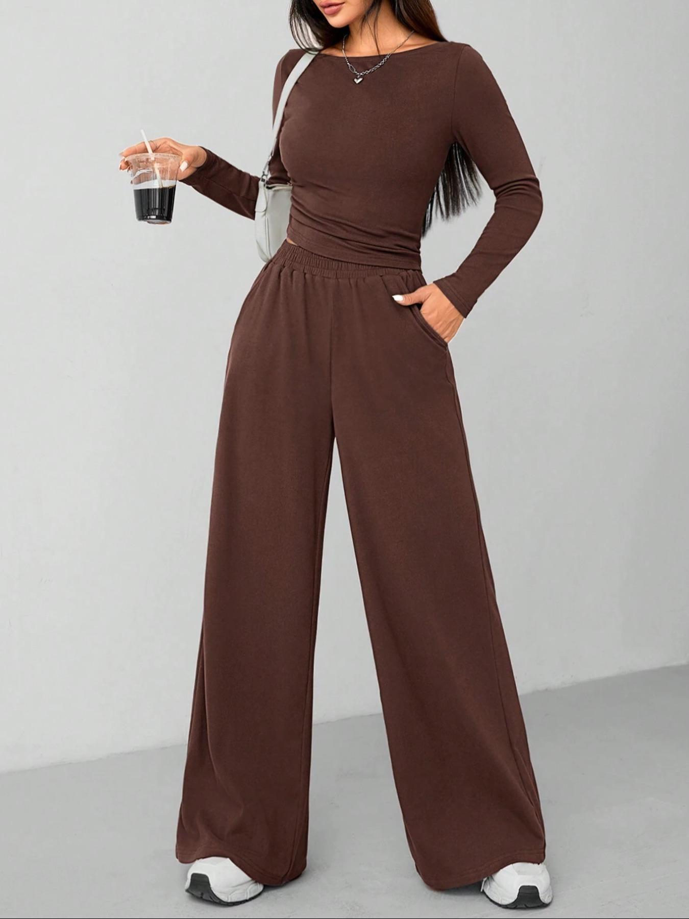 Women's Casual Long Sleeve Top & Wide Leg Pants Sporty Set, Comfortable Two-Piece Ensemble for Daily Wear, Sports Clothing Set, Athleisure Wear Set