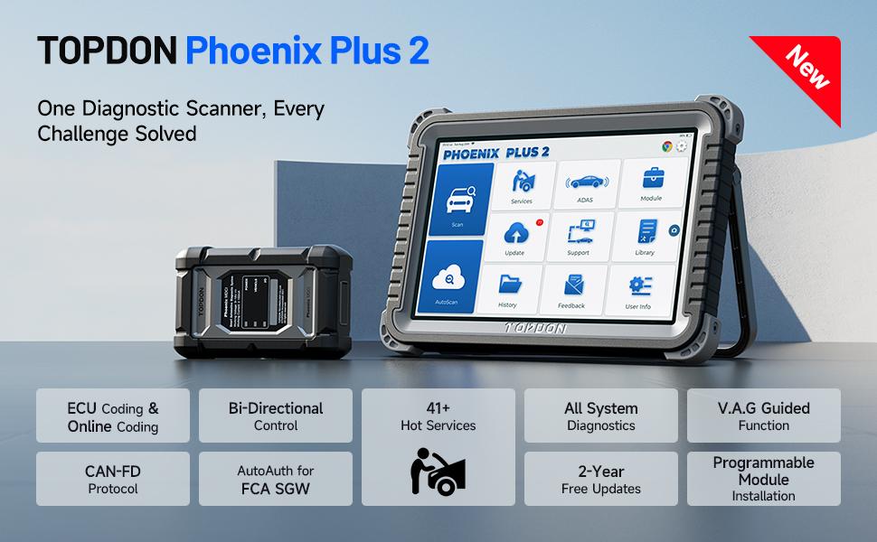 TOPDON Phoenix Plus 2 Scanner, Bidirectional Scan Tool V2.0, ECU Coding, Topology Map, CANFD Car Diagnostic Scanner, OEM Full System, 41+ Service, AutoAuth for FCA SGW, V.A.G Guided, 2 Years Free Update Obd Port Automotive Battery Relay Tester