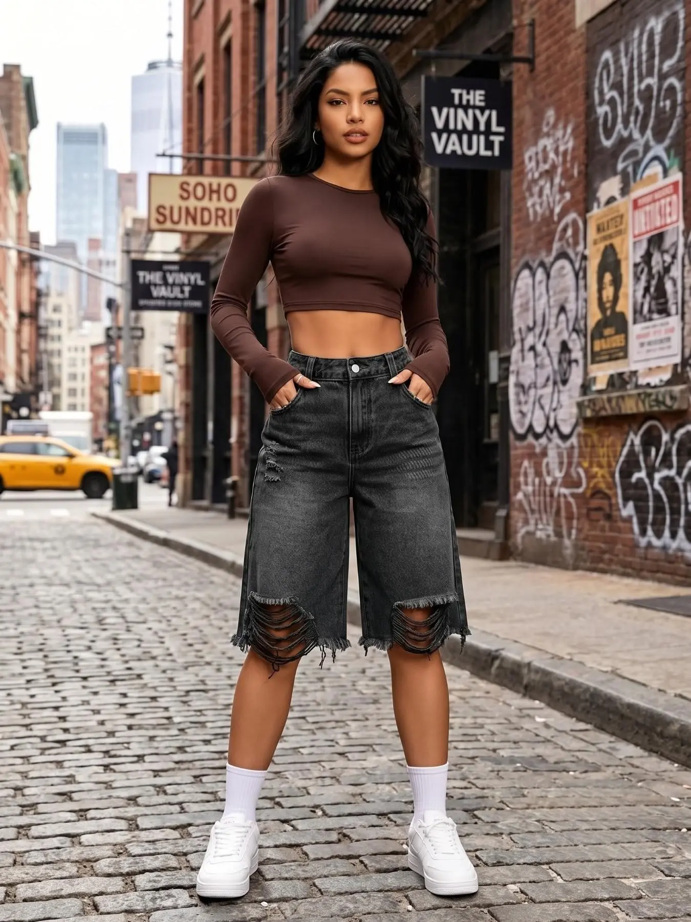 Plus Size Vintage Denim Bermuda Shorts, High Waist Frayed Edge Street Style Streetwear, Trendy Ripped Jeans for Men & Women, Frayed Hem Shorts, Casual Ripped Shorts