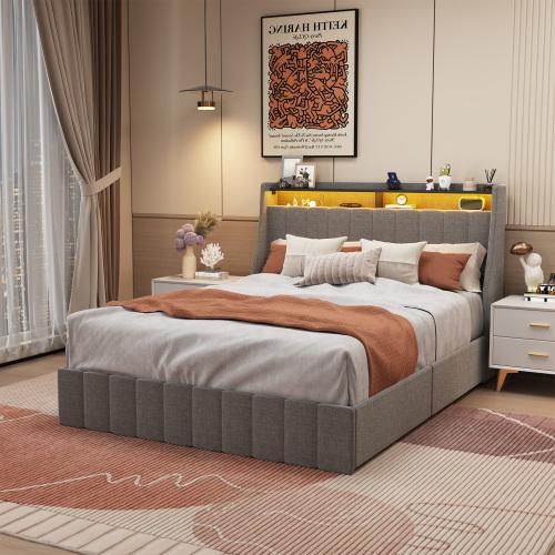 【Bellemave】Full/Queen Size Bed Frame with LED, 4 Under-bed Portable Storage Drawers, Wings Headboard Design, Dark Grey