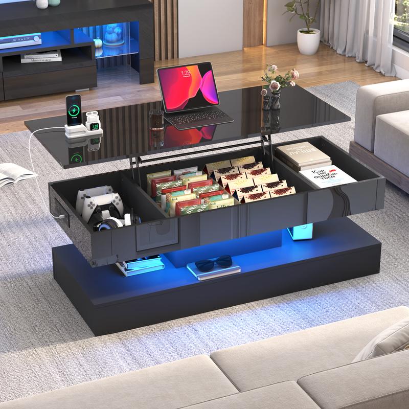 39.4"/47.2" Large Lift Top Coffee Table,Modern High Glossy LED Coffee Tables for Living Room with Storage,Black Living Room Tables for Living Room,Dining Room,Bedroom Home Office,APP LED Lights（Black/white）