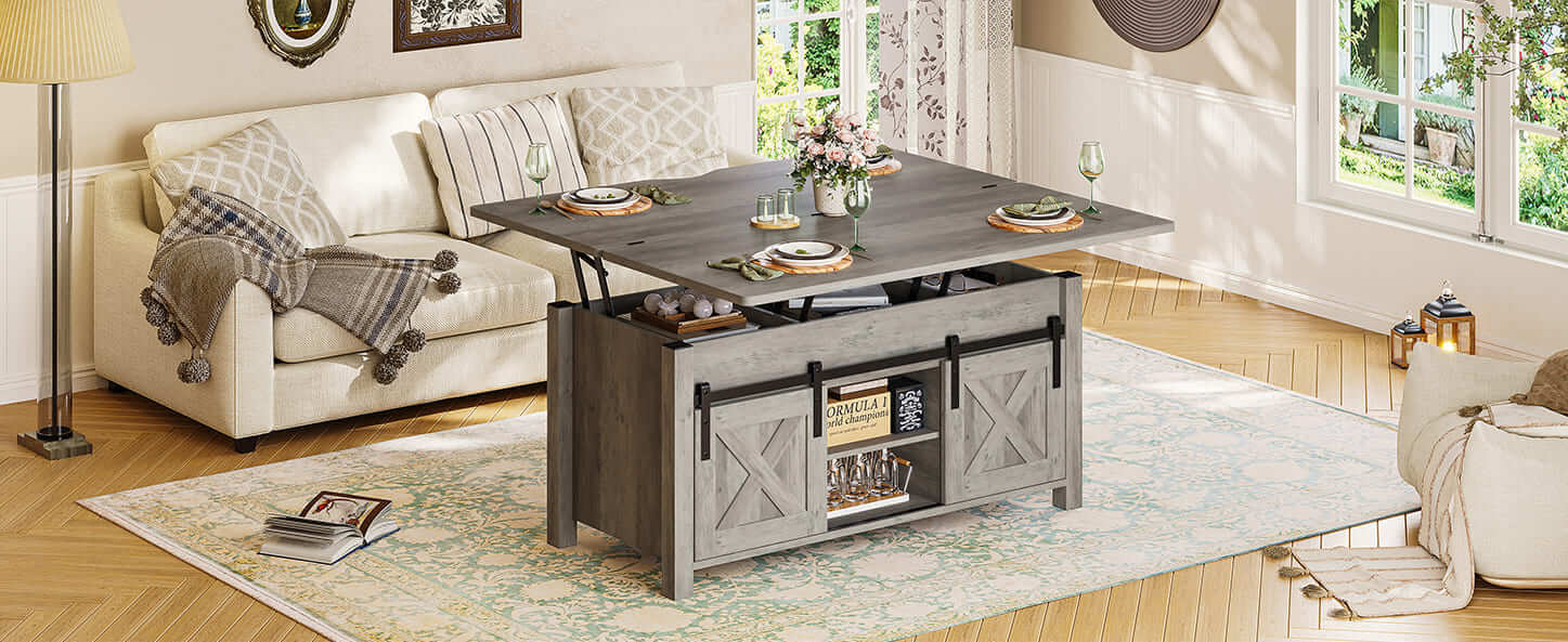 Sikaic Lift Top Coffee Table, 4 in 1 Multi-Function Convertible Coffee Tables with Storage and Hidden Compartment, Farmhouse Coffee Table Converts to Dining Table for Living Room