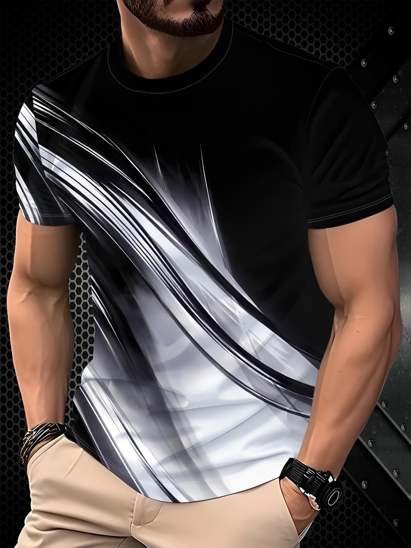 Summer Short Sleeve T-Shirt, Business Casual Round Neck Top, Youth Fashion All-Over Print, Breathable Ice Silk, Plus Size Slim Fit