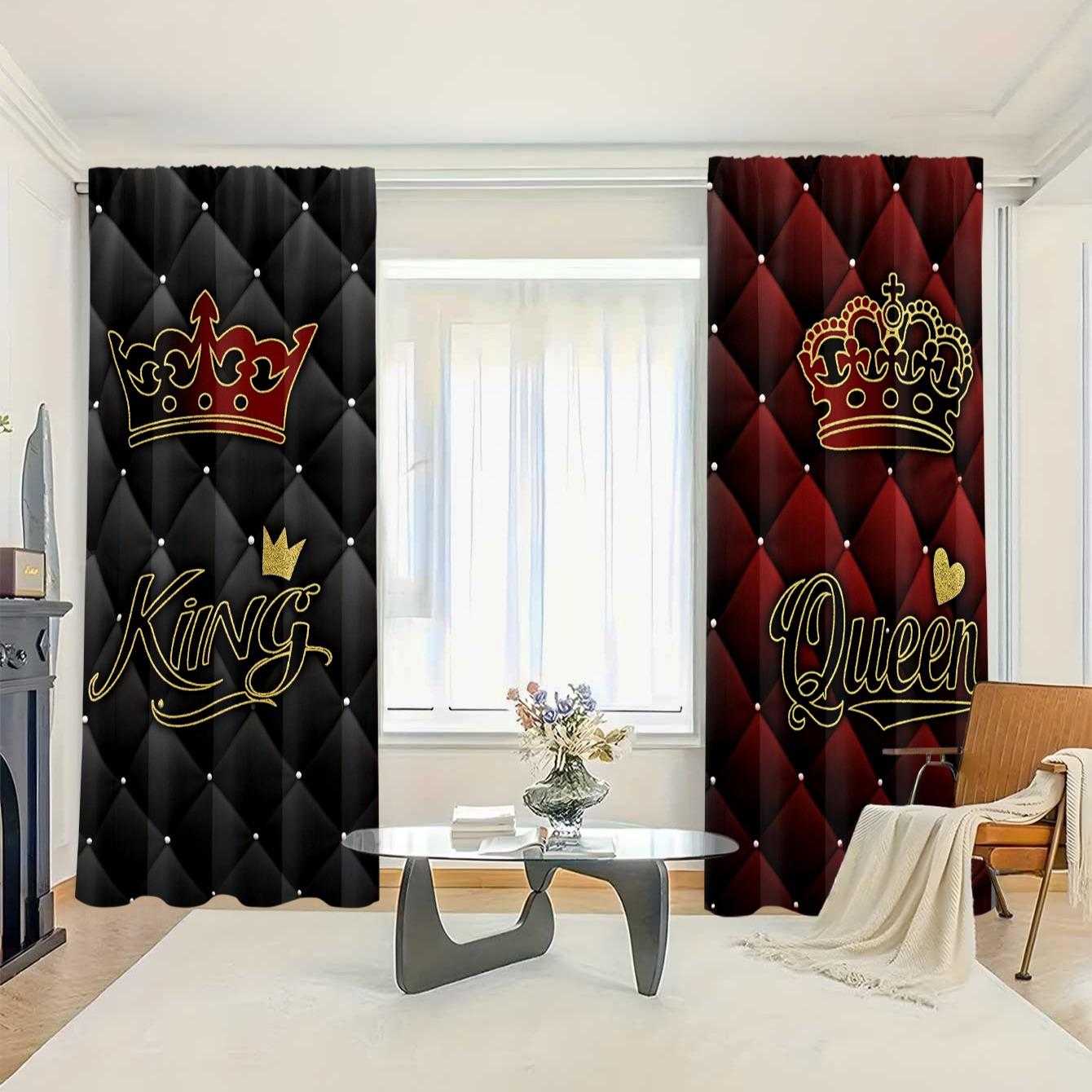 King & Queen Crown Pattern Curtains Set, Polyester Fiber Material, Light Luxury Palace Style, Rod Pocket Design, Suitable for Bedroom Living Room Decor, Window Curtain, Home Decoration Curtain