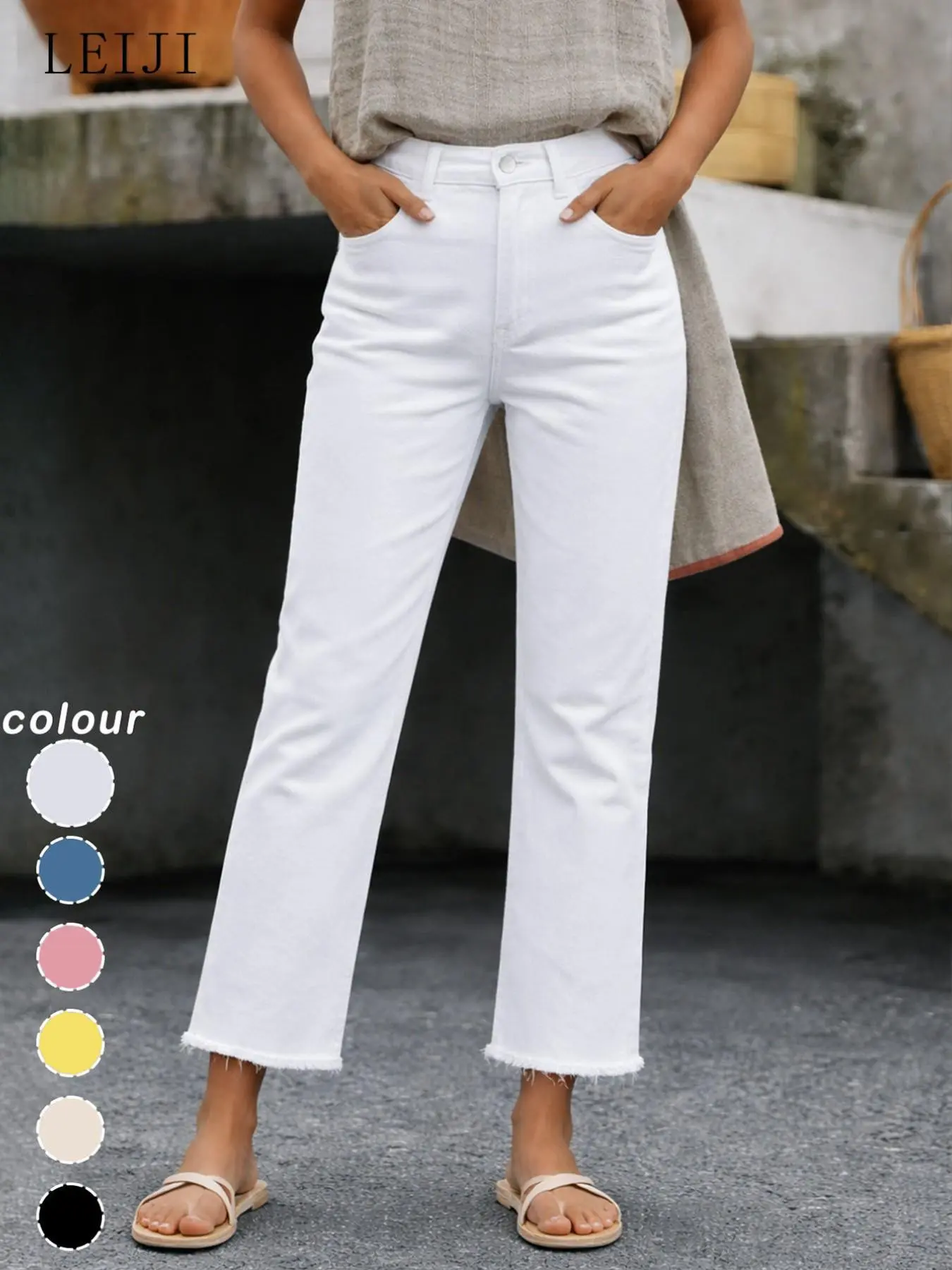 New Spring Summer Women's Fashion Simple Slim Fit High Waist Nine-Inch Pants, Small Straight Leg All-Season Commuter Frayed Hem Jeans