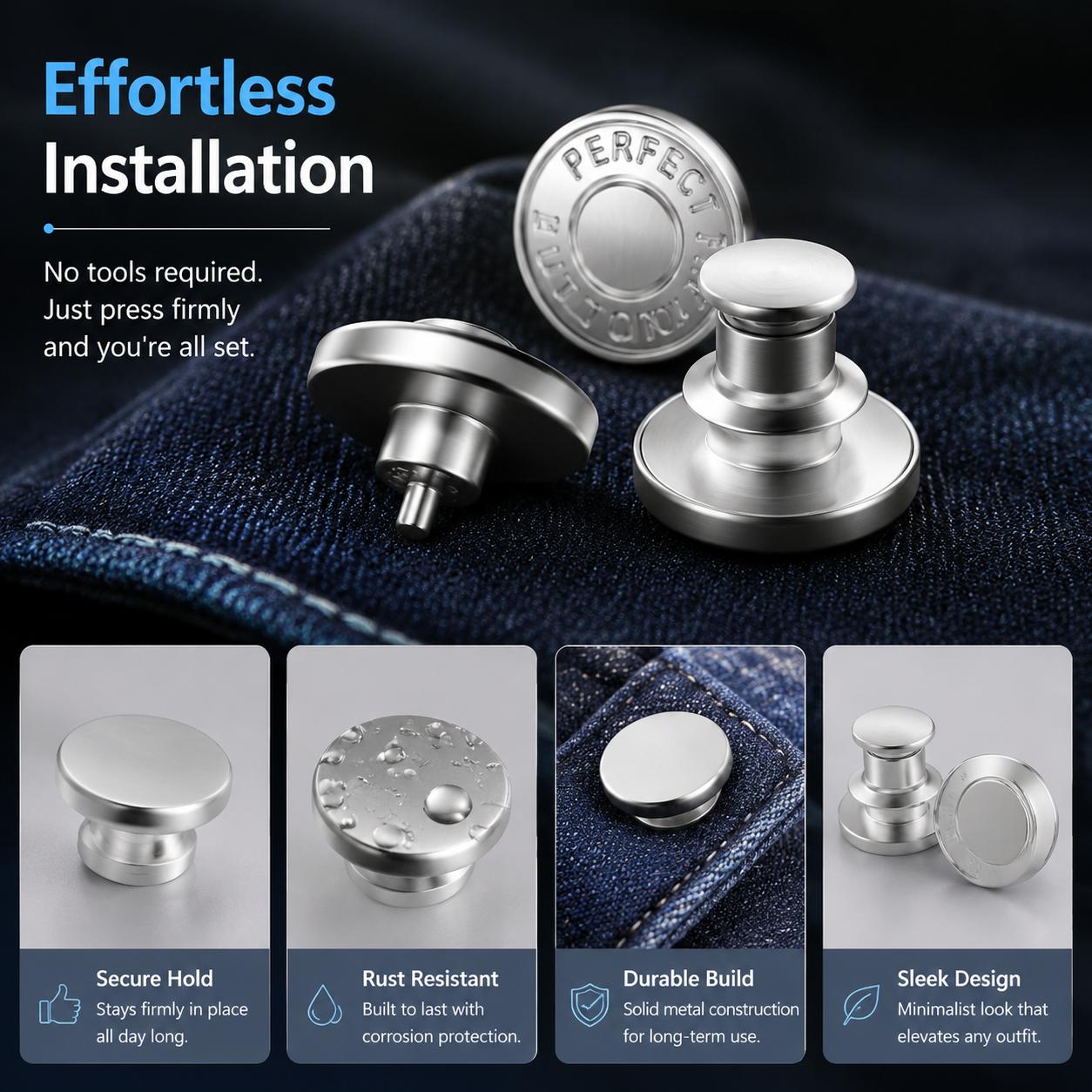 Metal Jeans Waistline Cinch Adjuster Buttons, I-Shaped Buckle, No-Nail Detachable Design for Effortless Waist Size Modification & Custom Fit, Metal Buttons
