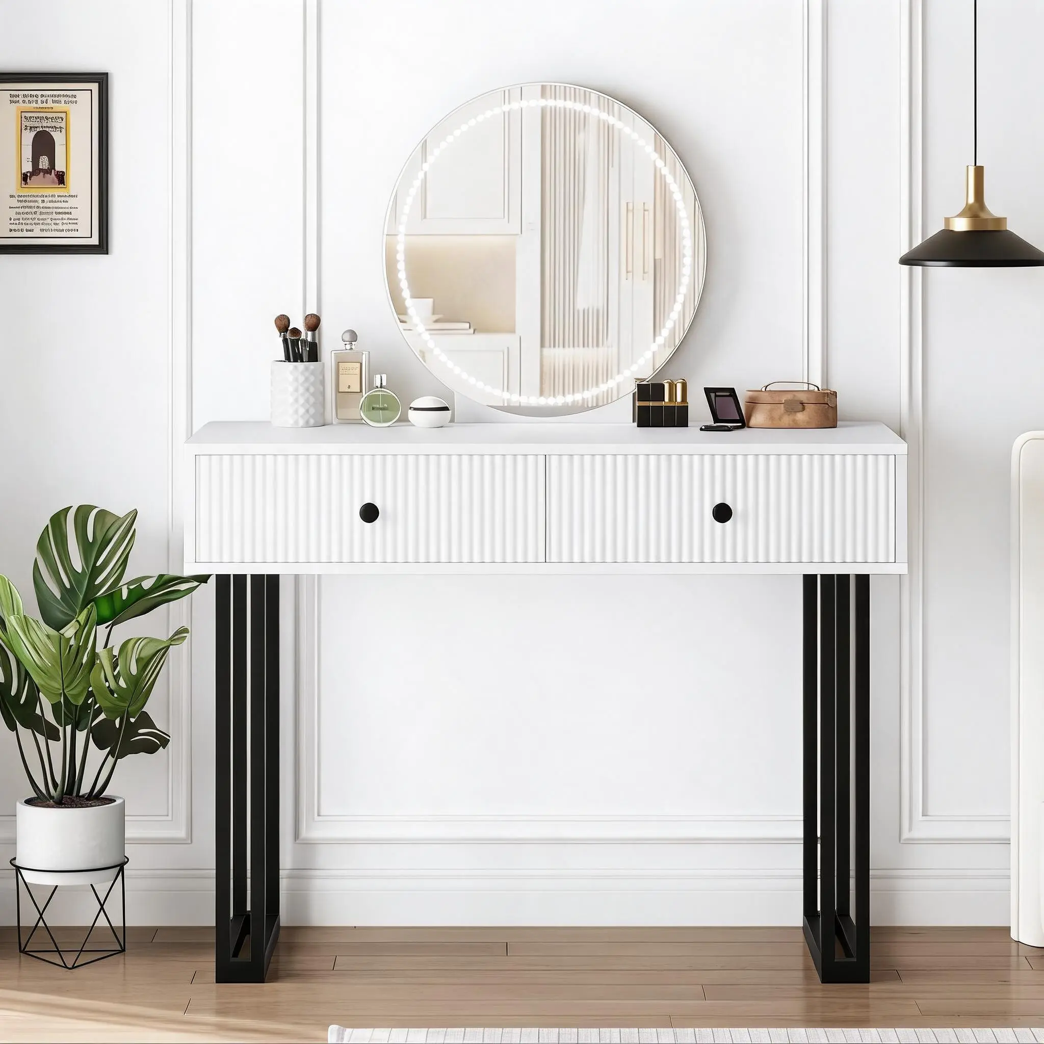 Modern Vanity Desk with LED Mirror – Adjustable Lighting – 2 Drawers – Space-Saving Bedroom Makeup Table – Sleek Black and White Design