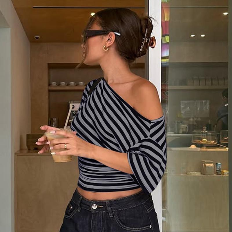 Women Summer Fashion Short Sleeve Asymmetrical One Shoulder Striped Asymmetric Hem T Shirt Tops Tee Casual Daily Tops Women Summer Fashion Short Sleeve Asymmetrical One Shoulder Striped Asymmetric Hem T Shirt Tops Tee Casual Daily Tops