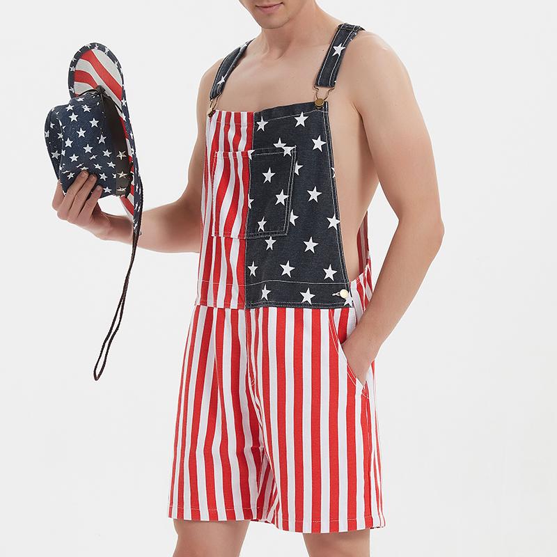 OPDNBON American Flag Overalls Men and Women Stretch Denim Bib Shorts USA 4th of July Outfit with Zipper