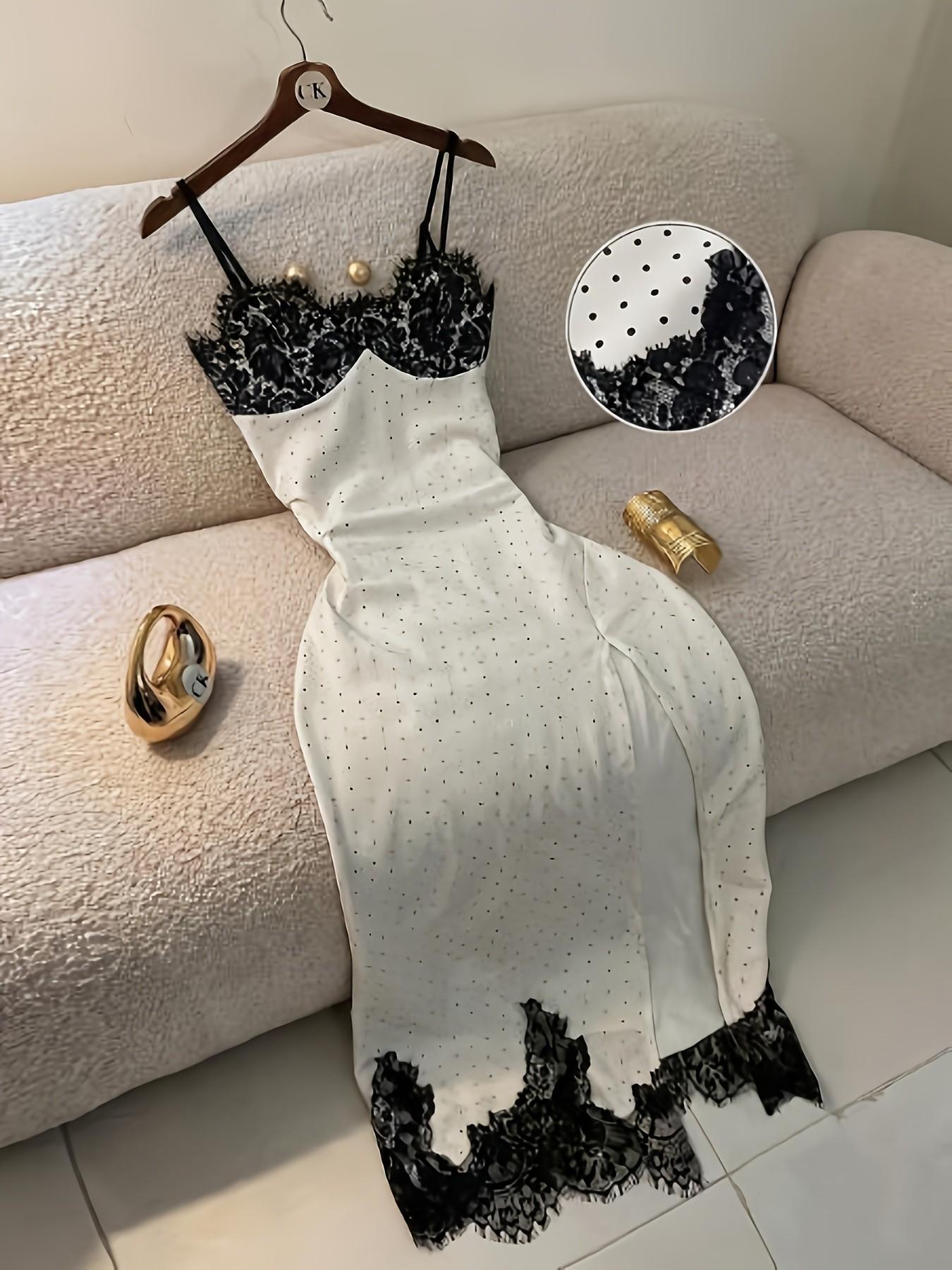 French Vintage Polka Dot Strapless Long Dress, Lace Trim V Neck, High Split Slit Design, Slimming Fit Pure Desire Style Dress, Aesthetic