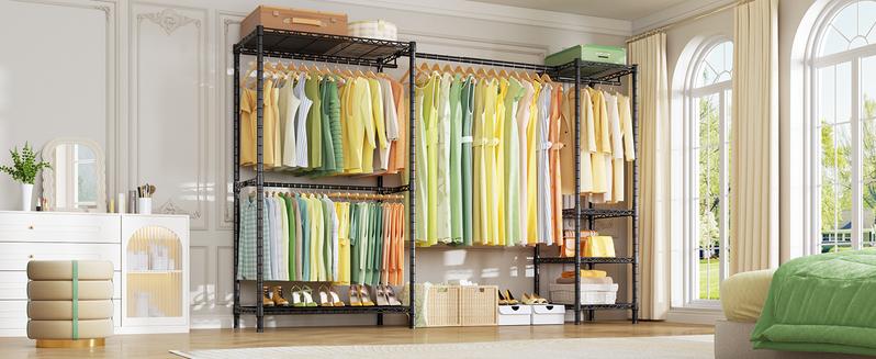 Ulif E10 Clothes Rack（With Stretchable Hanger Rod）Freestanding Clothing Racks for Hanging Clothes，Adjustable Closet Organizer System，Portable Garment Rack 73-97"W x 15" D x 72" H，Max Load 800LBS，Black Pastel