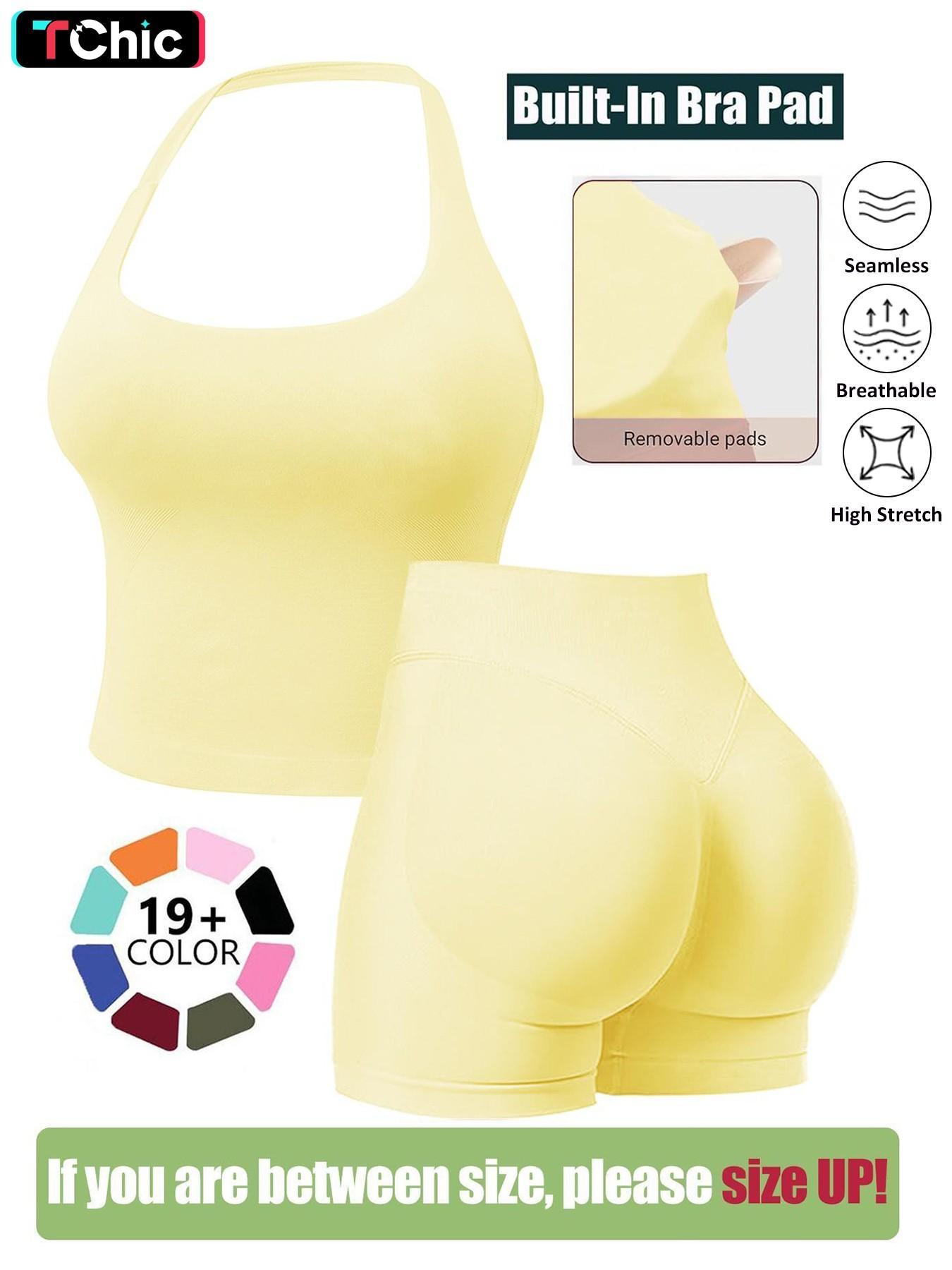 Seamless Workout Sets, Activewear Set for Women, Fitness Outfits, Women Workout Clothes, Halter Tank Top & Gym Scrunched Shorts Sports Set, Breathable Quick Drying Outfits for Yoga Gym Workout Running, Sportswear for Summer