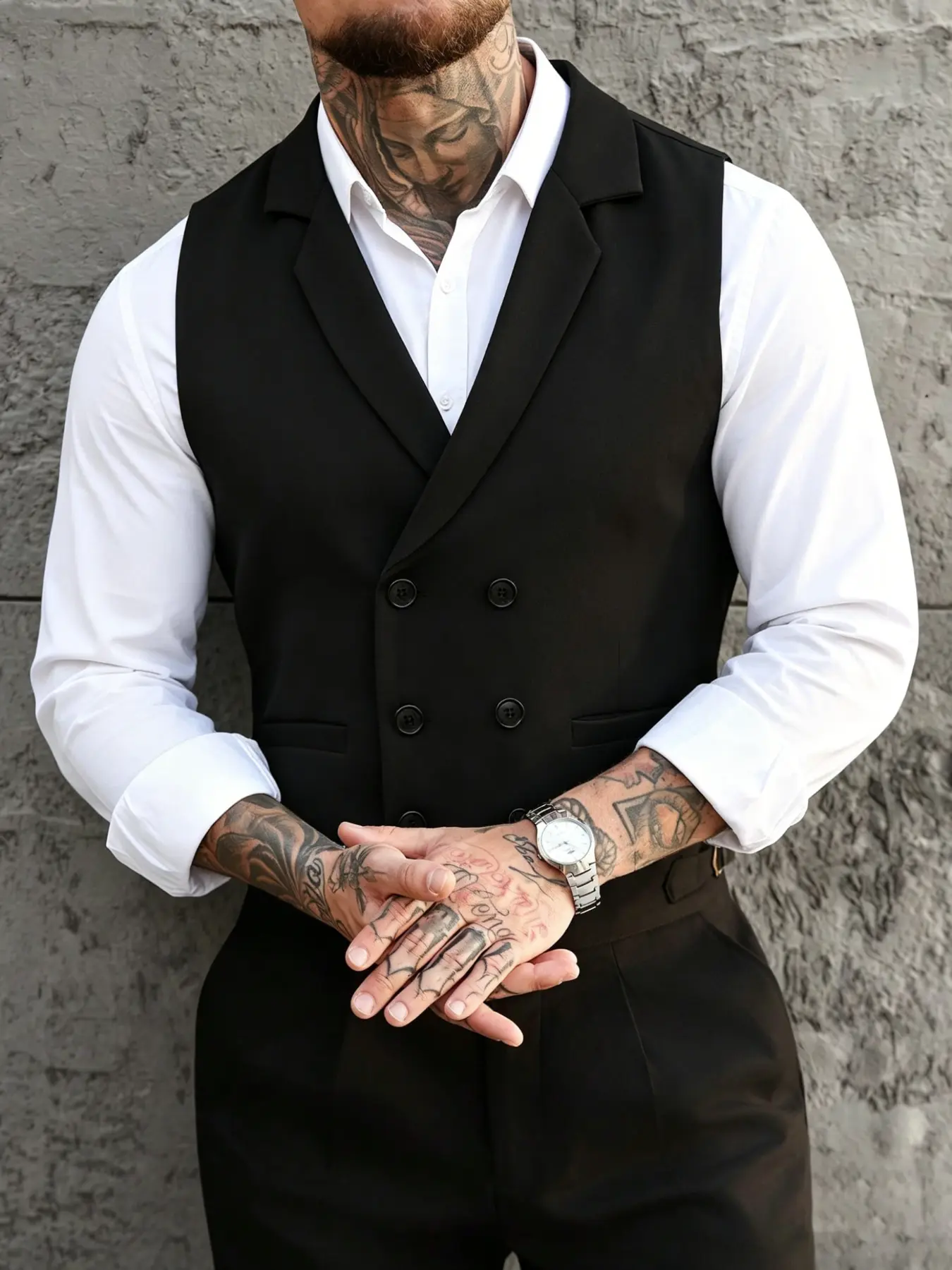 Men's Business Casual Vest Jacket, Suit Vests, Pure Color Double Button Design, Elegant V Neck Sleeveless Waistcoat for Spring & Fall Office Wear