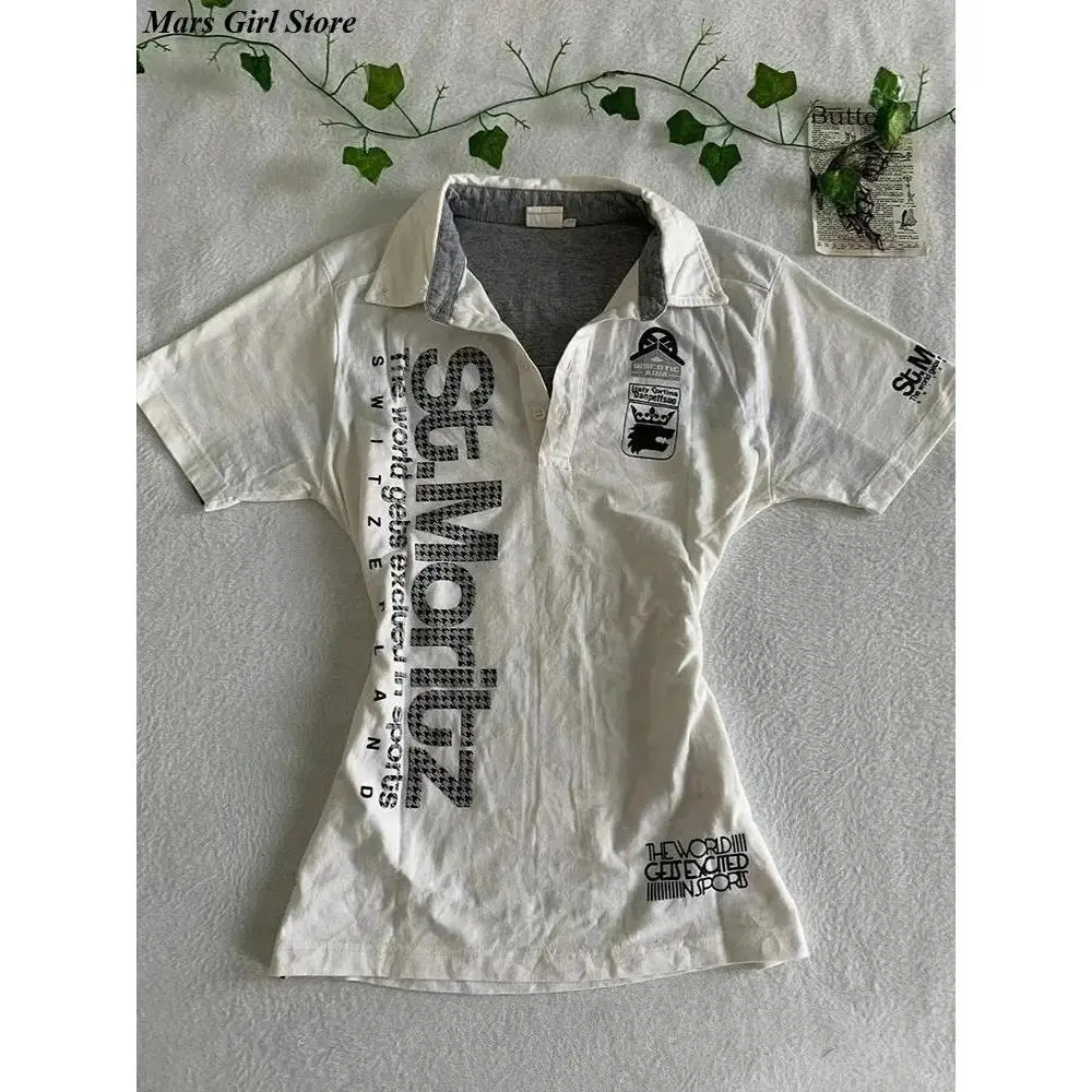 Y2K Japanese Streetwear Polo Shirt Women Slim Crop Tee 2025 White Short Sleeve Tops Letter Badge Houndstooth Vintage Harajuku