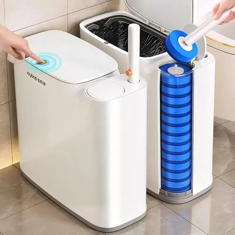 functional 2-in-1 Space-Saving Bathroom Trash Can with Toilet Brush Refill Option, Slim Shape Waterproof ABS Bin with Lid, Disposable Wand System & Removable Inner Trash Can for Powder Room, RV,home essentials