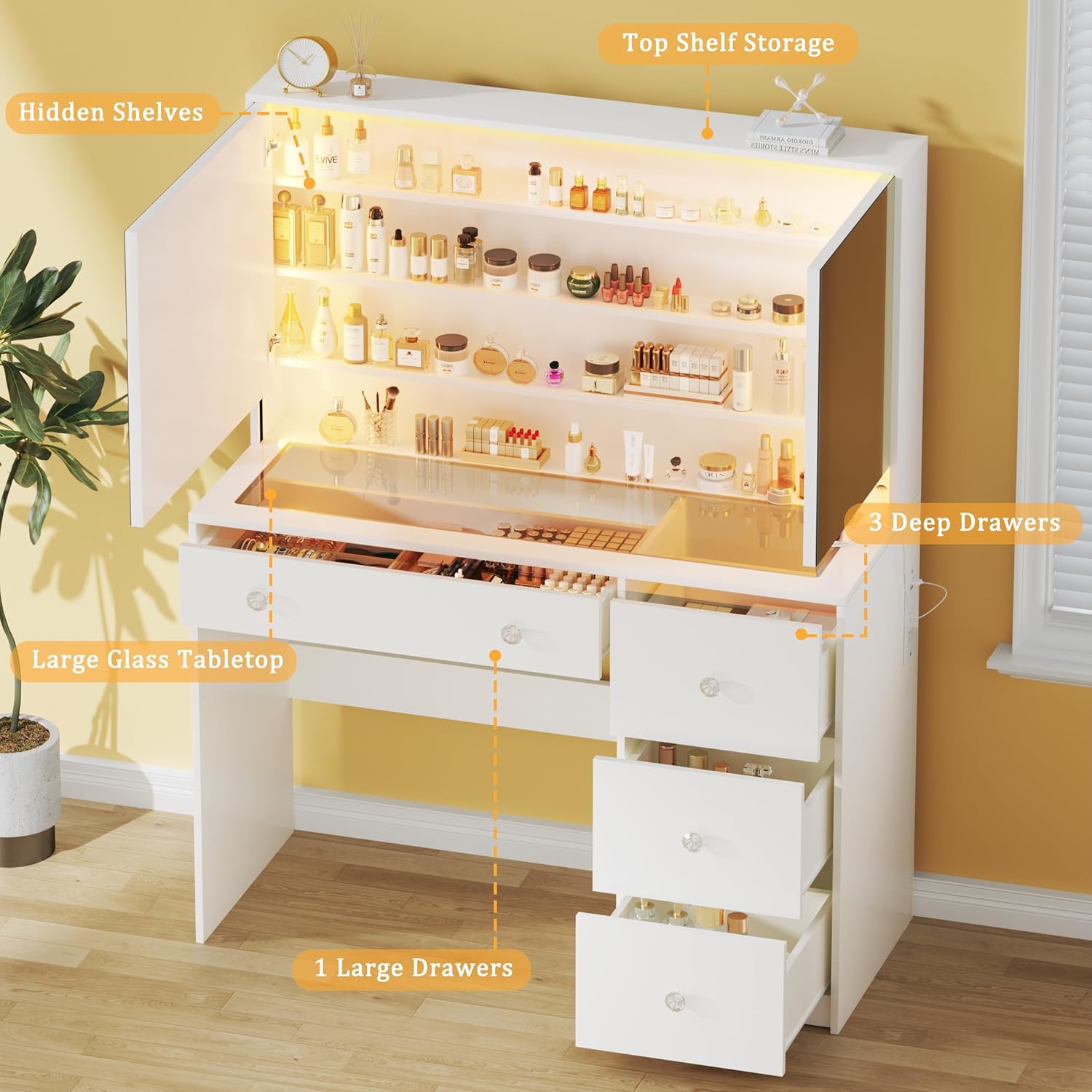 [ChristmasGifts] Vanity Desk with Mirror and Lights, Makeup Vanity with Glass Top & Power Outlet, White Vanity with 4 Drawers & 3 Long Hidden Storage Shelves, 3 LED Lighting Modes Adjustable for Bedroom