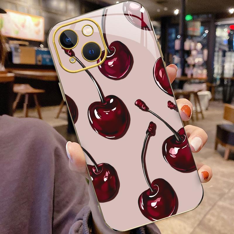 Vintage Cherry Coquette Phone Case, Glossy Dark Fruit Aesthetic, Gold Edges, Soft Cover for iPhone 15 — 975