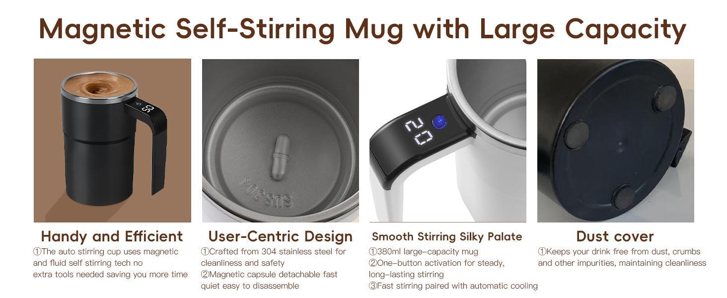 Rechargeable Self-Stirring Coffee Mug – Auto Magnetic Mixing with Temperature Display, 304 Stainless Steel Double-Wall Insulated, Leak-Proof Travel Cup for Coffee Milk Protein Shakes, No Clumps Smooth Mixing, Silent Motor, Christmas Gift for Men Women
