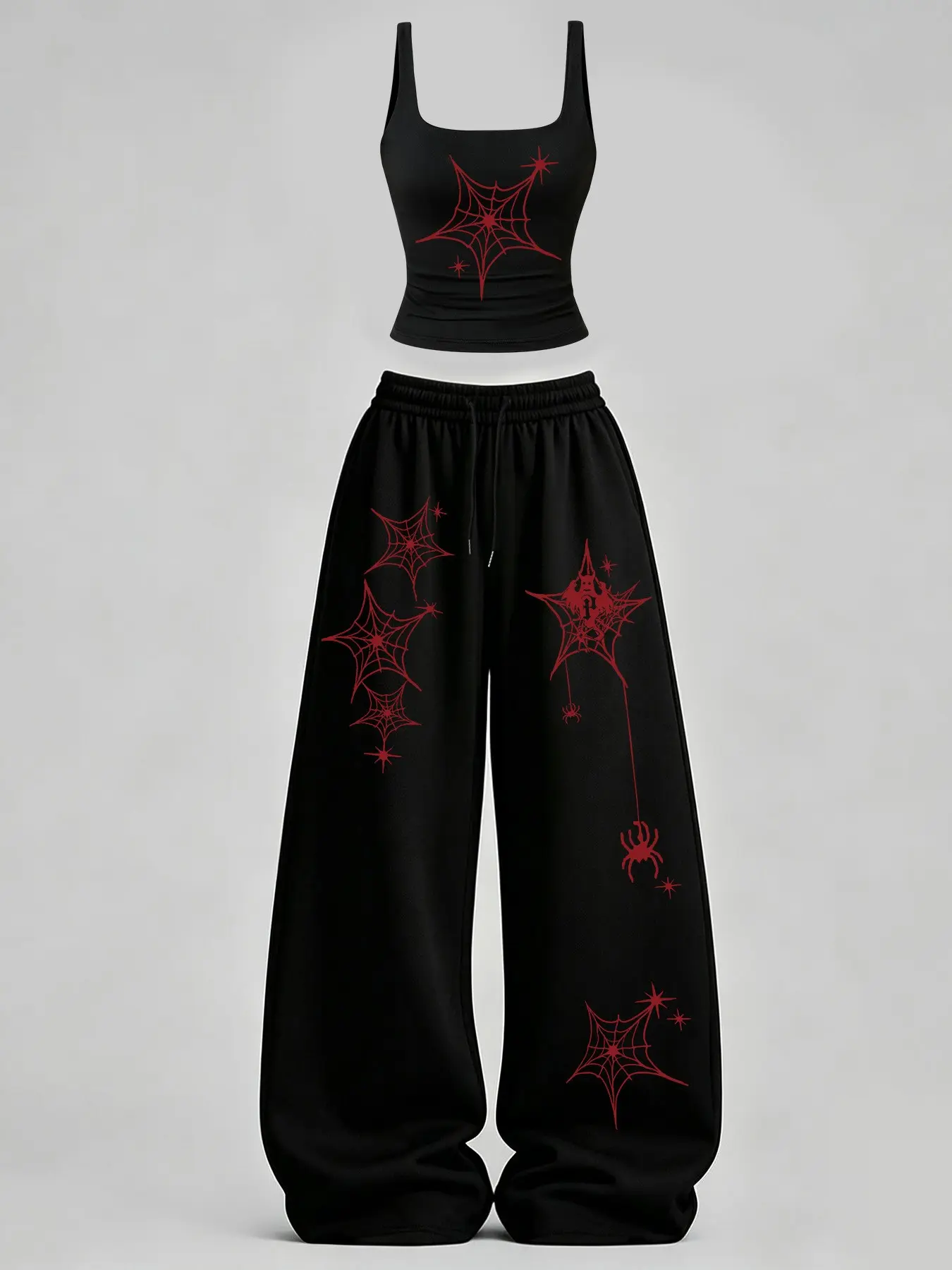 Women's Halloween Print Casual Set with U-Neck Slim-Fit Tank Top and Loose Long Pants, Y2K Street Style Dark Sweet Cool, Perfect for Daily, Campus, and Lounge