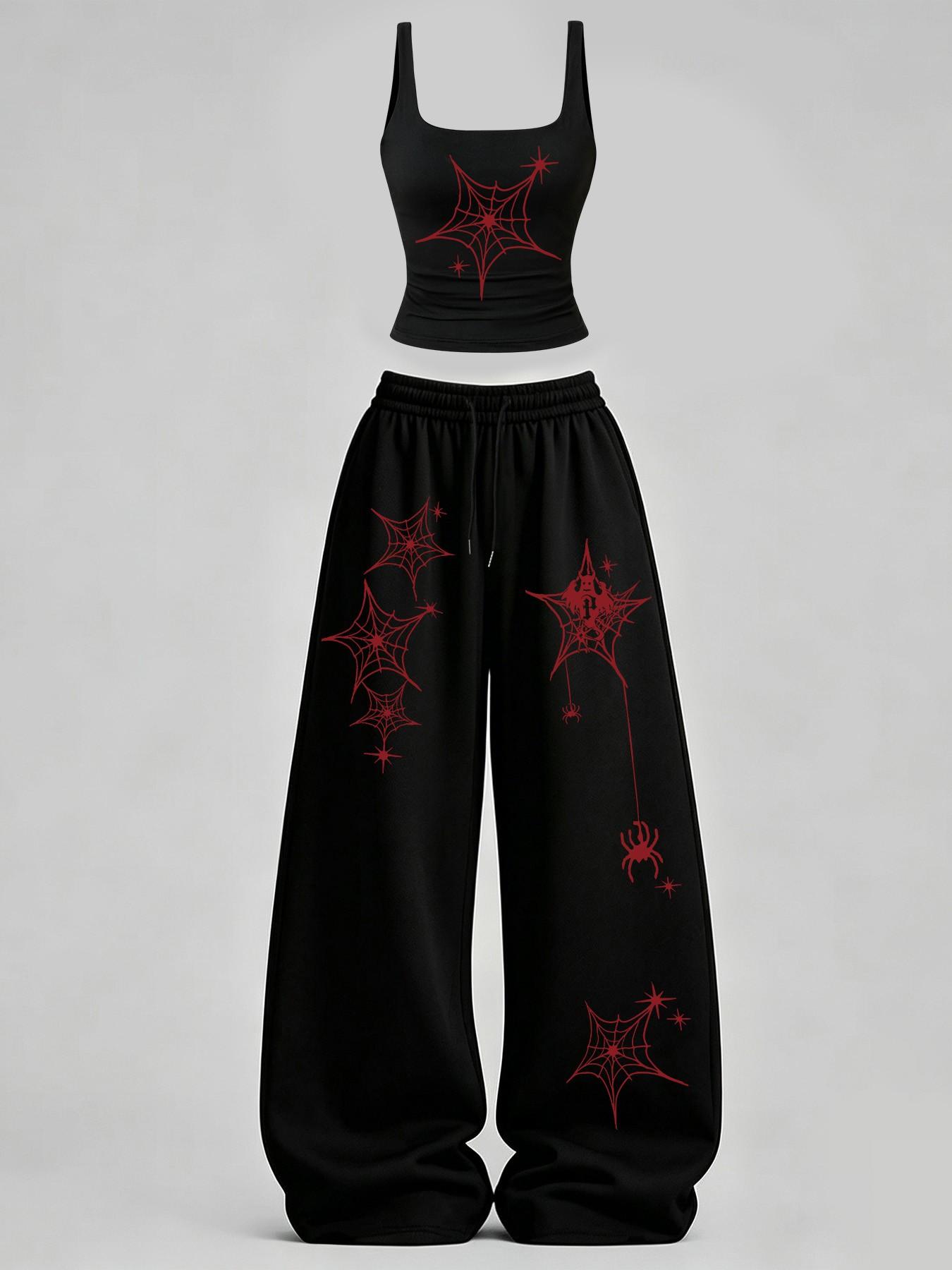 Women's Casual Tank Top Set, Slim-Fit U-Neck Backless Vest & Loose Long Pants, Butterfly Spider Web Print, Y2K Street Style Women's Casual Tank Top Set, Slim-Fit U-Neck Backless Vest & Loose Long Pants, Butterfly Spider Web Print, Y2K Street Style