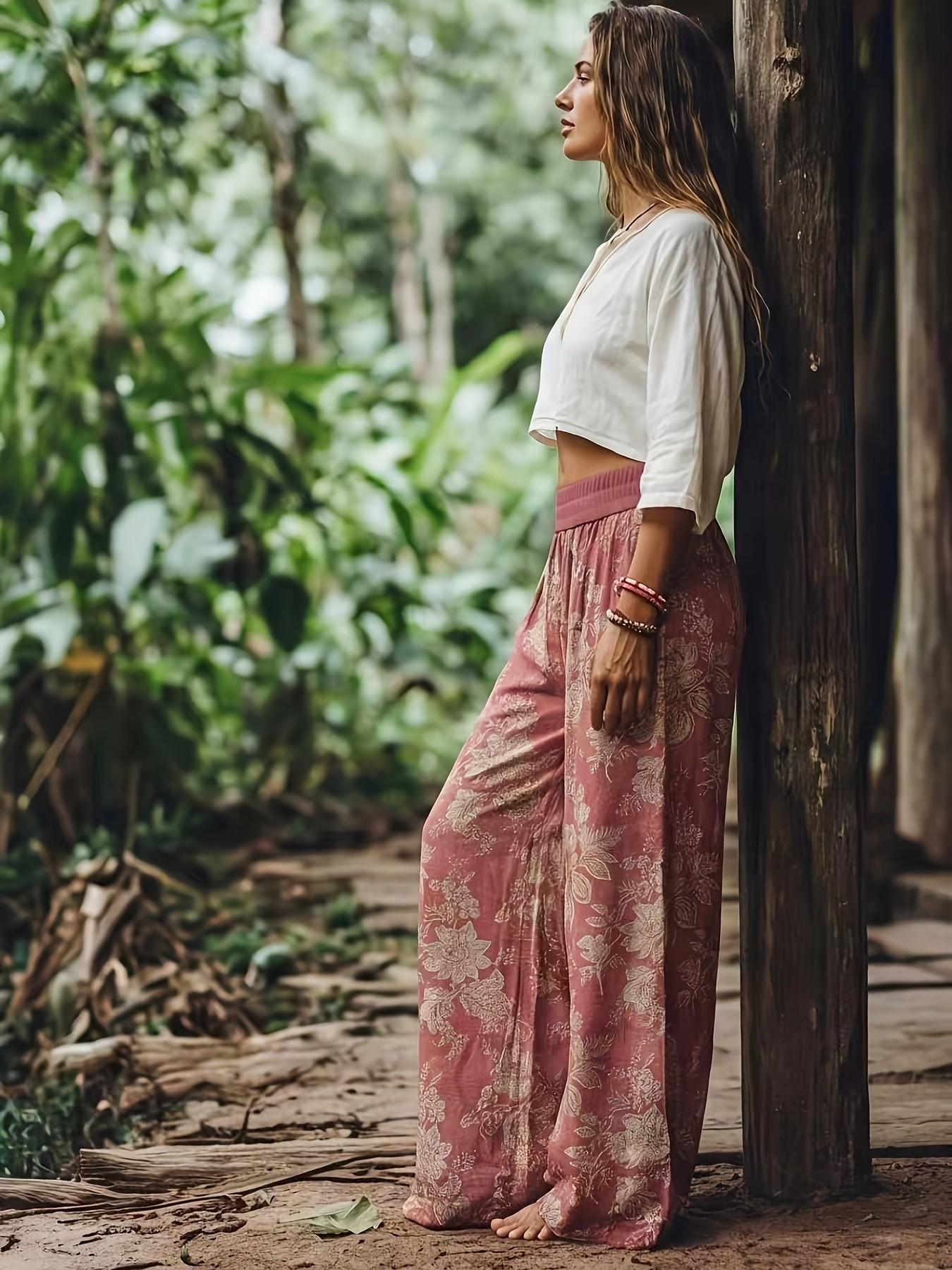 Women's Floral Print Casual Boho Bohemian Wide-Leg Loose Long Pants, Comfortable Breathable Elastic Fabric, Ideal for Vacation, Home and Daily Wear, Suitable for Spring, Summer and Fall