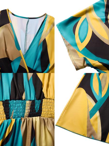 Elegant Sexy Women's Geometric Print Casual Dress Plus Size V Neck High Waist Wrap Dress, Fitted Woven Fabric, All Seasons Fashion