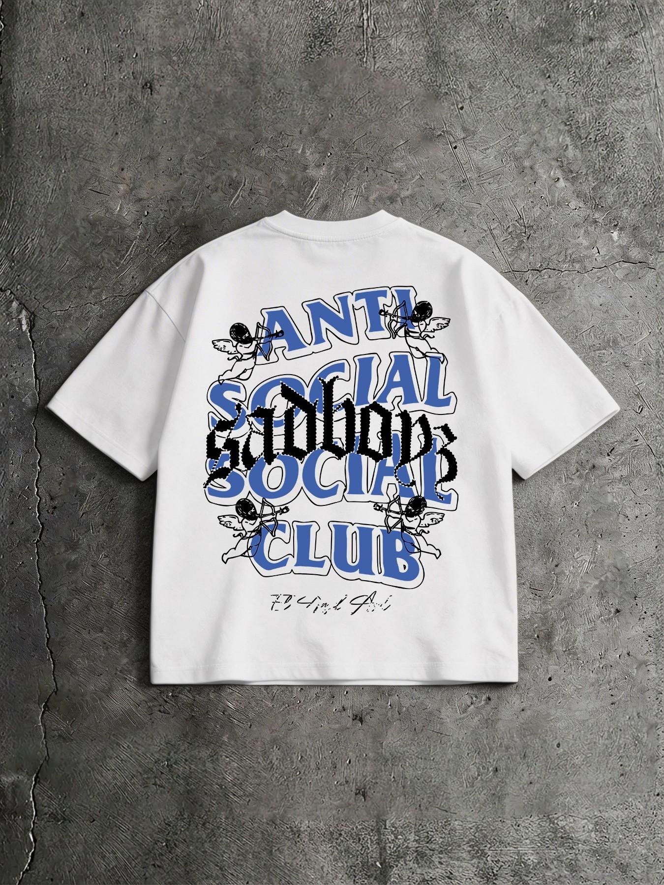 American Retro Y2K Anti-Social Cupid Print Loose T-Shirt, Unisex Fashion, Short Sleeve, Casual Wear, Long Length, Elastic Material