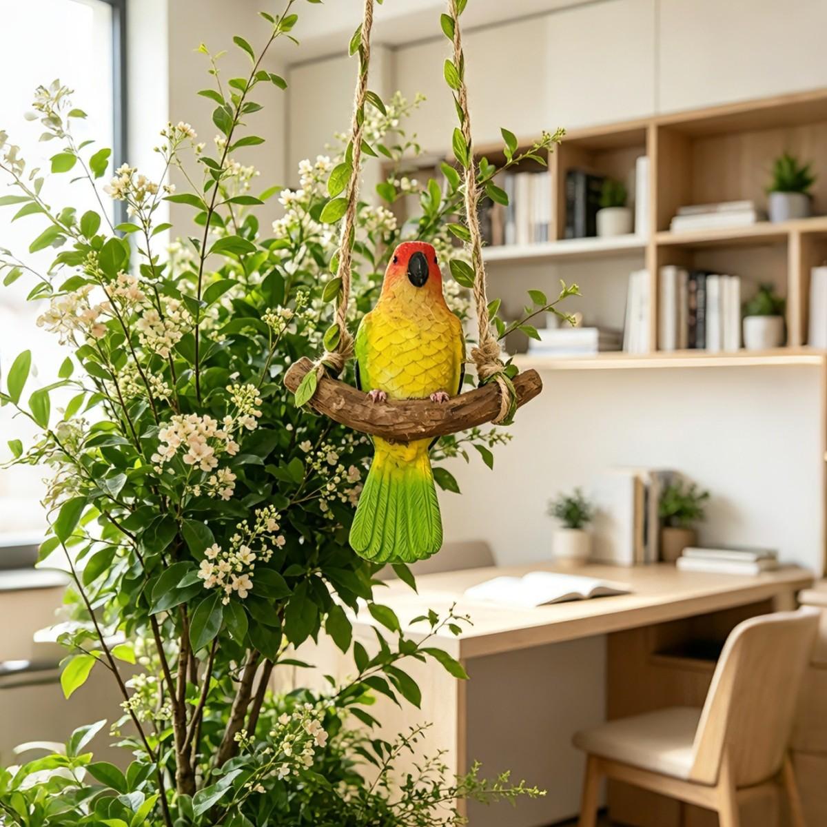 Colorful Bird Swing Decoration, Realistic Parrot Hanging Ornament, Resin Parrot Sculpture for Home Outdoor, Garden Decor Gift