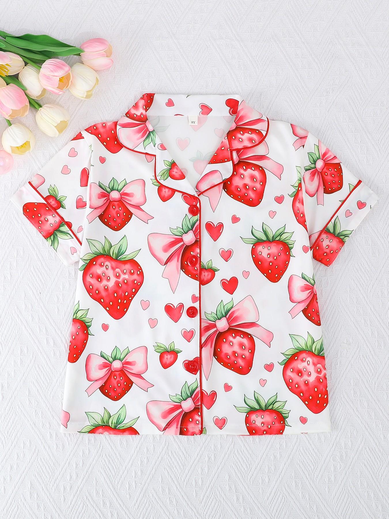 2-Piece Kids Pajama Set, Casual Strawberry Bow Heart Pattern, Fashion Open-Cardigan Short Sleeve Top and Shorts, Flame-Retardant Knit, All Seasons