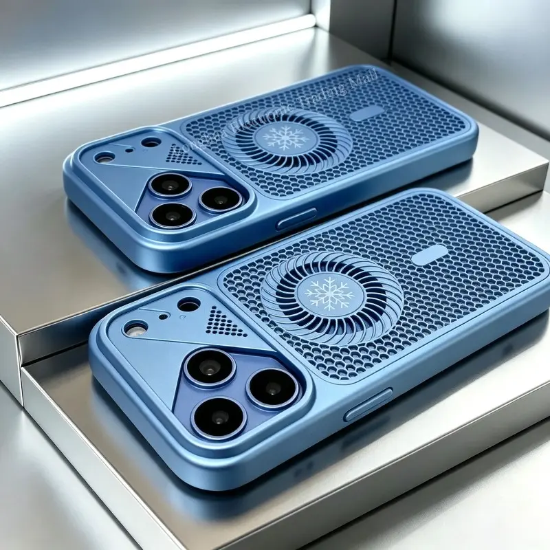 New Sky Blue iPhone 18 Series Hollow Honeycomb Cooling Phone Case, Suitable for iPhone 18 ProMax 17 16 15 14 13 12 Pro Max 11, Compatible with Magsafe Game Cooling Snowflake Fan Texture Shockproof and Anti Drop Metal Phone Case
