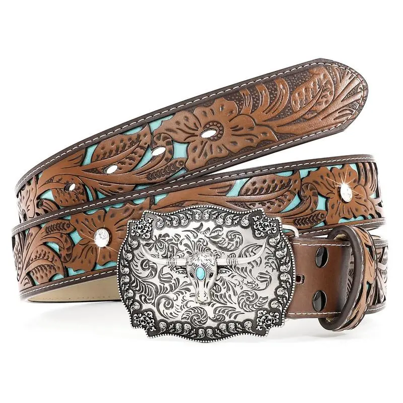 XZQTIVE Western PU Leather Buckle Belt for Men Women Floral Engraved Cowboy Belt for Jeans Longhorn Bull Buckle Waist Belt, L