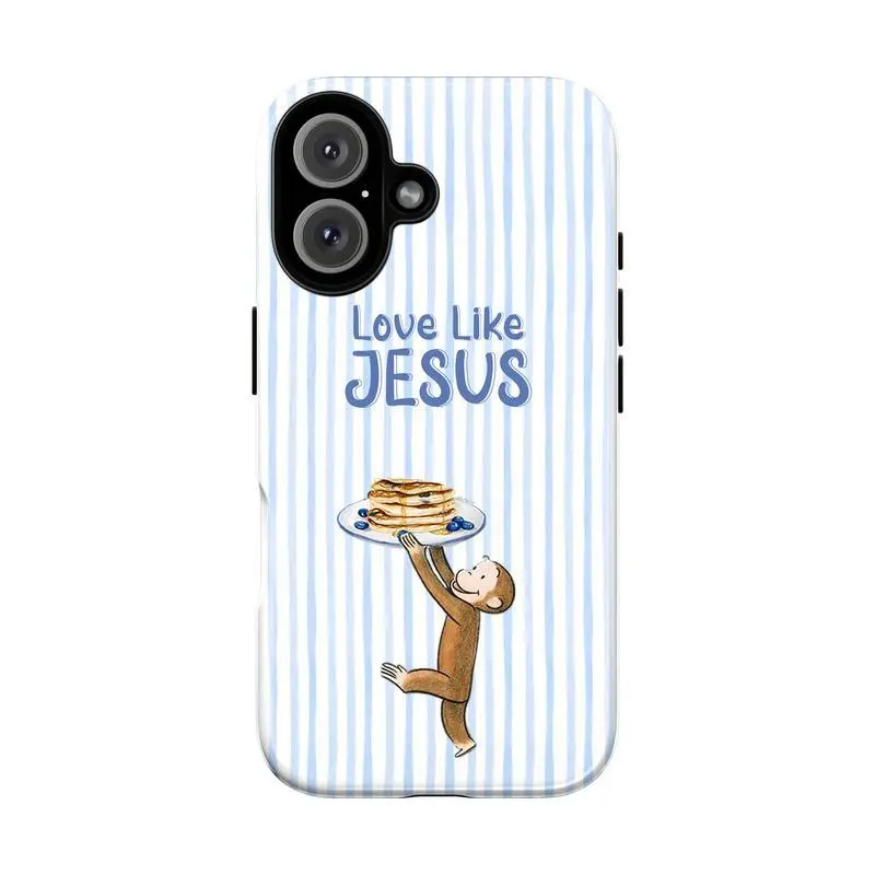 Shockproof Curious George Cartoon Monkey Smartphone Case - Bible Verses "Love Like Jesus", Pancake Print, Protective Phone Accessory for iPhone 17,16,16 Pro,15,14,14 Plus,13,12,11 Pro Max,X,XR,XS Max,8,7 Plus with Enhanced Protection