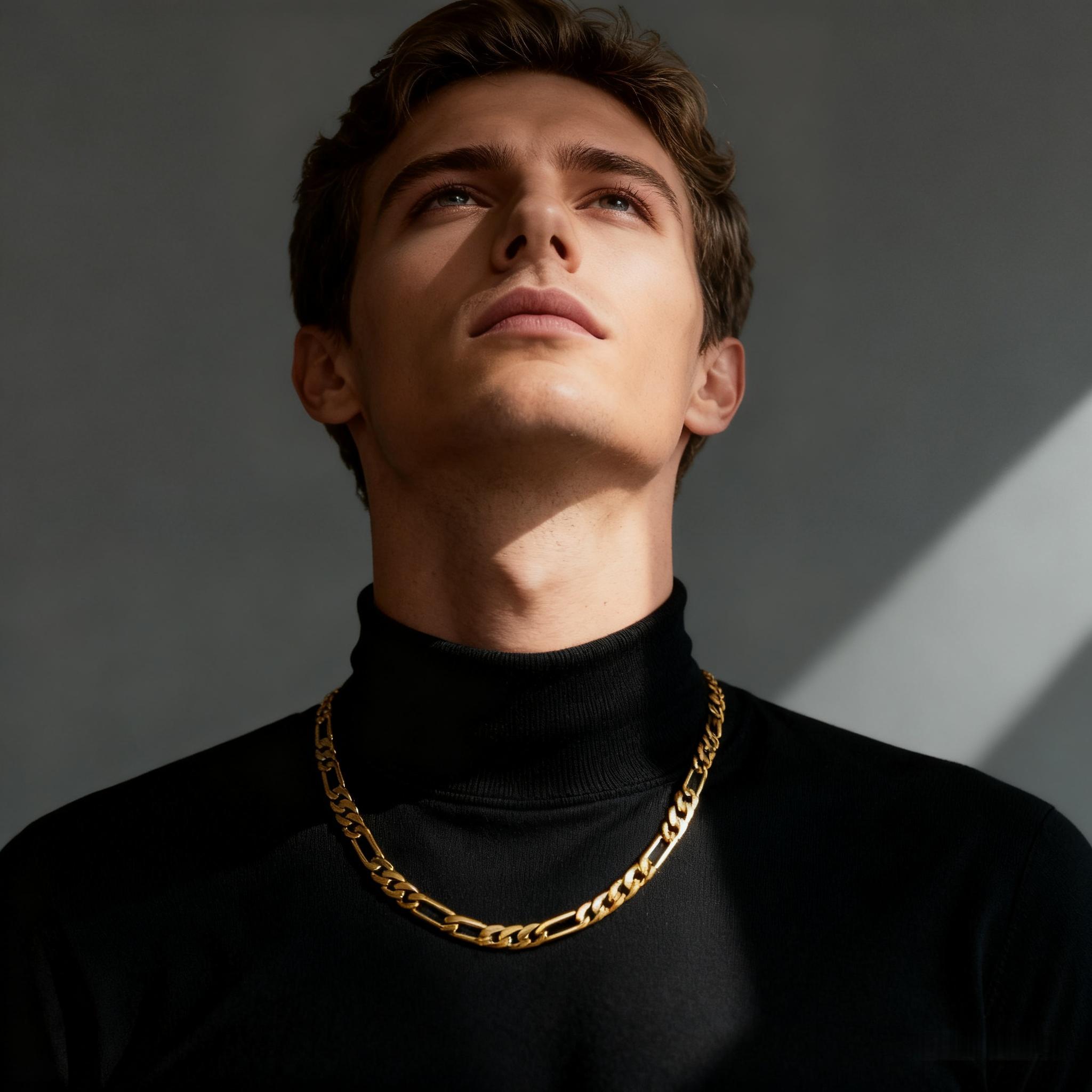 [Free 3-Day Shipping] Men's 14K Gold-Plated Brass Figaro Chain Necklace — 2mm/10mm width, available in 20–26-inch lengths. Italian-style Cuban chain, anti-tarnish nano-coating, hip-hop street style, minimalist layered jewelry, men's gift