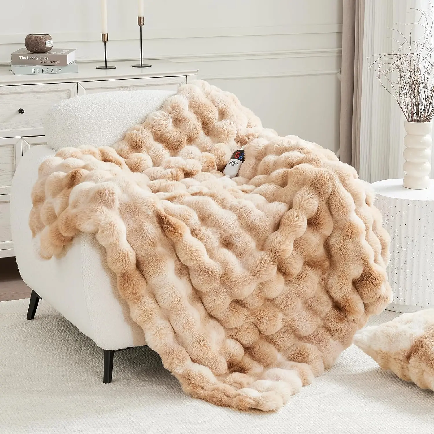 Faux  Heated Throw Blanket for Couch, Women , Tie-Dye Beige | 50"X60"  Soft Thick Bubble Electric Blanket, 6 Levels  Heating Blanket, 4H Timer, Washable, ETL Certified for Sofa