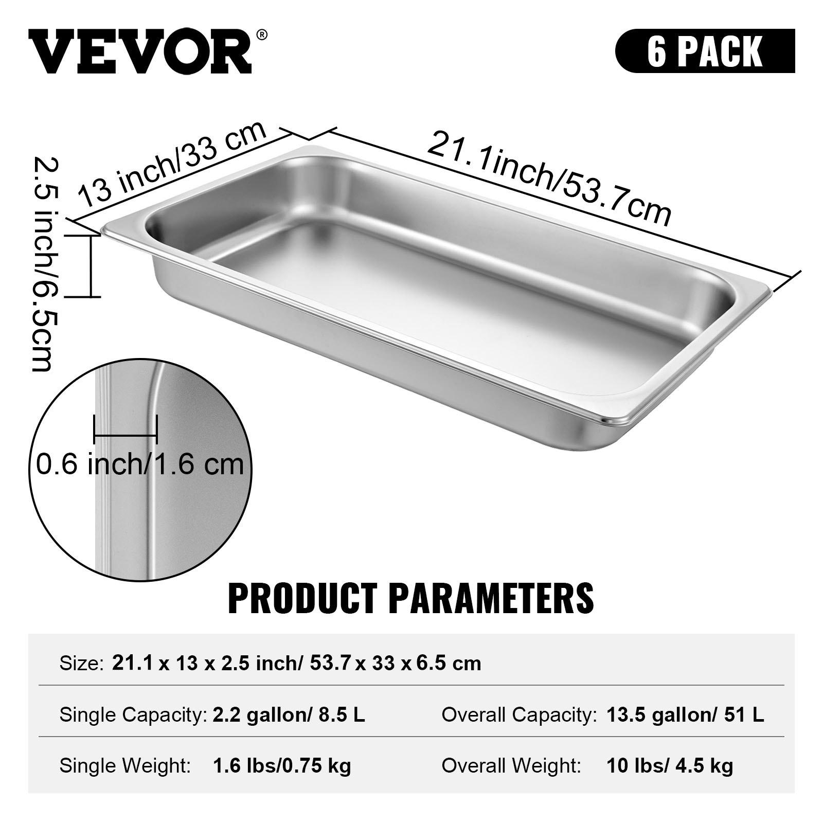 VEVOR 6 Pack Steam Table Pans 20.9x 12.8x 2.6 Inch Deep Steam Table Pan Full Size 8.5L Deep Food Container Stainless Steel Oven Tray Hotel Pans Anti-Jam Steam Table Food Pan