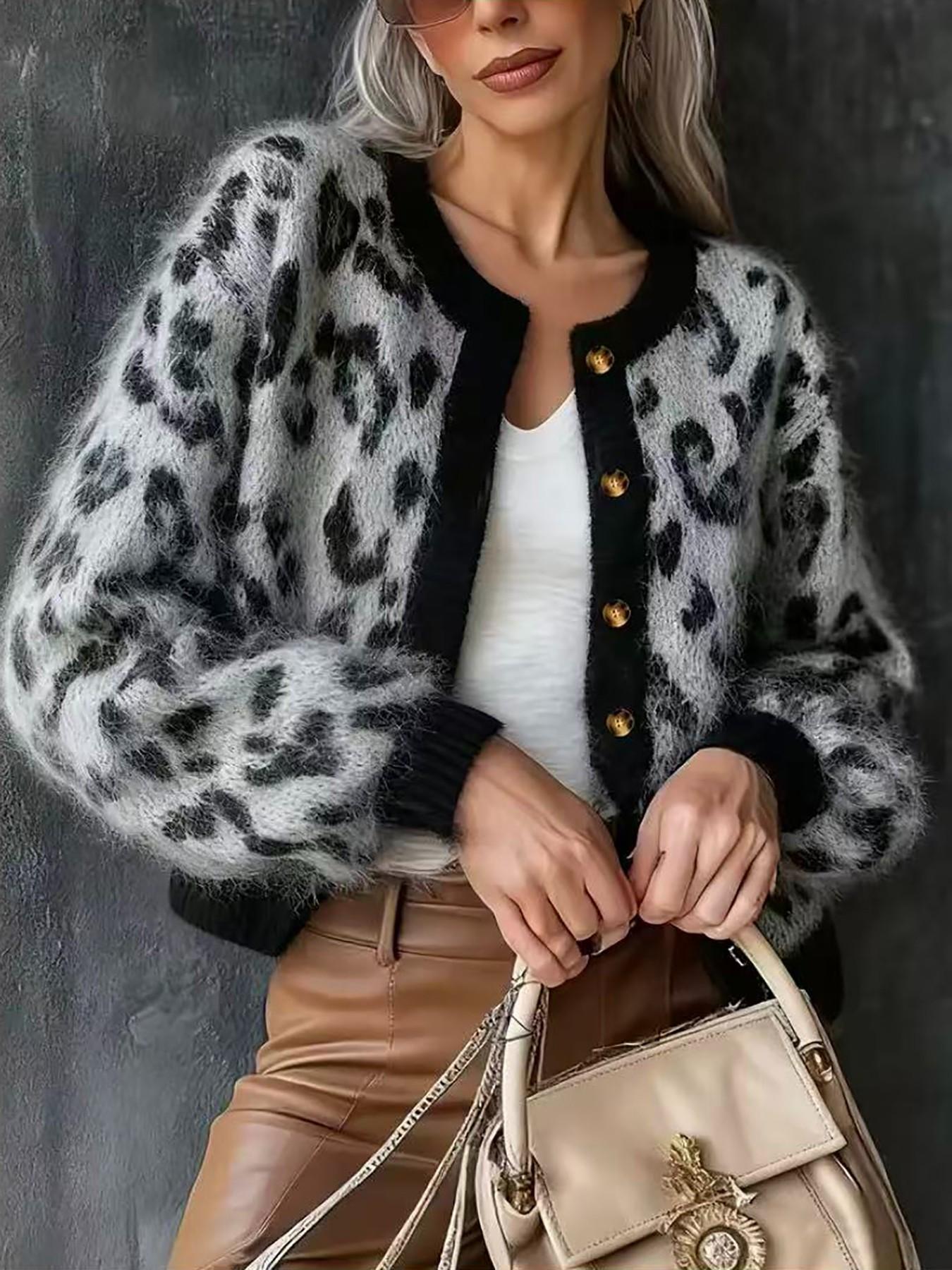 Women's Vintage Leopard Print Knit Cardigan Sweater Knitwear, New Fall/Winter Design, Colorblock Long Sleeve Round Neck Top