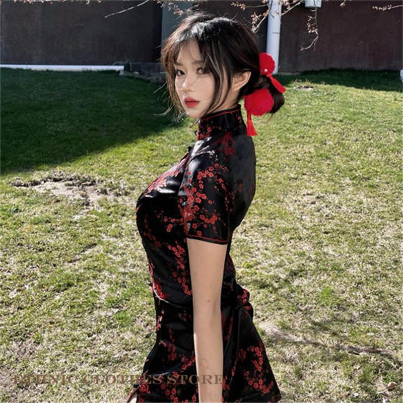 Classic Chinese Style Dress Female Qipao Sexy Short Sleeve Mini Cheongsam Elegant Jacquard Flower Traditional Clothing   Qipao