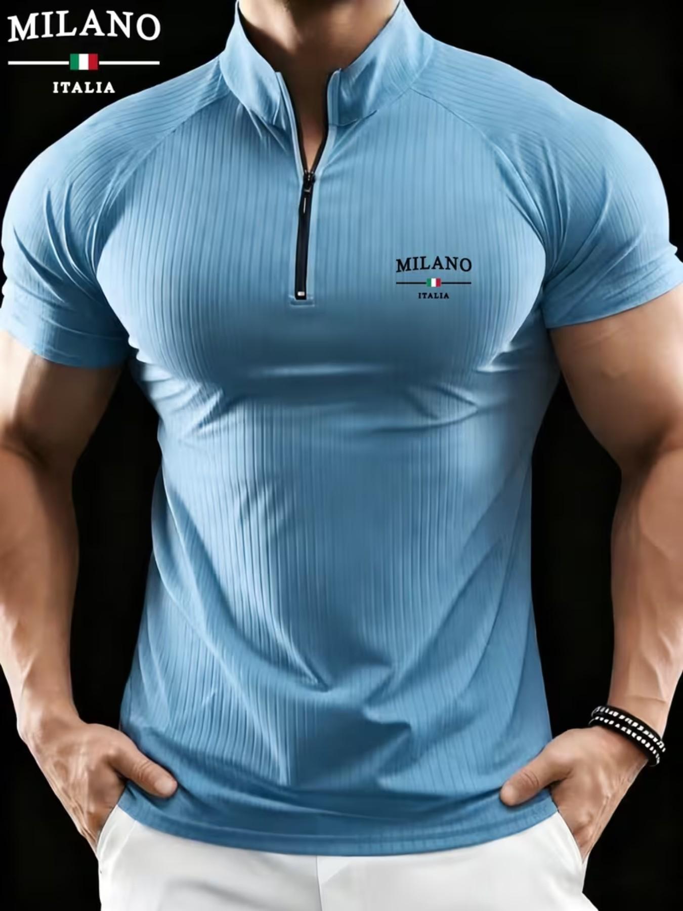 Men's Milano Stand Collar Polo Shirt, Elastic Ribbed Slim Fit Muscle Show, Casual Sportswear, All Seasons, Loose-Fitting, Zipper Design