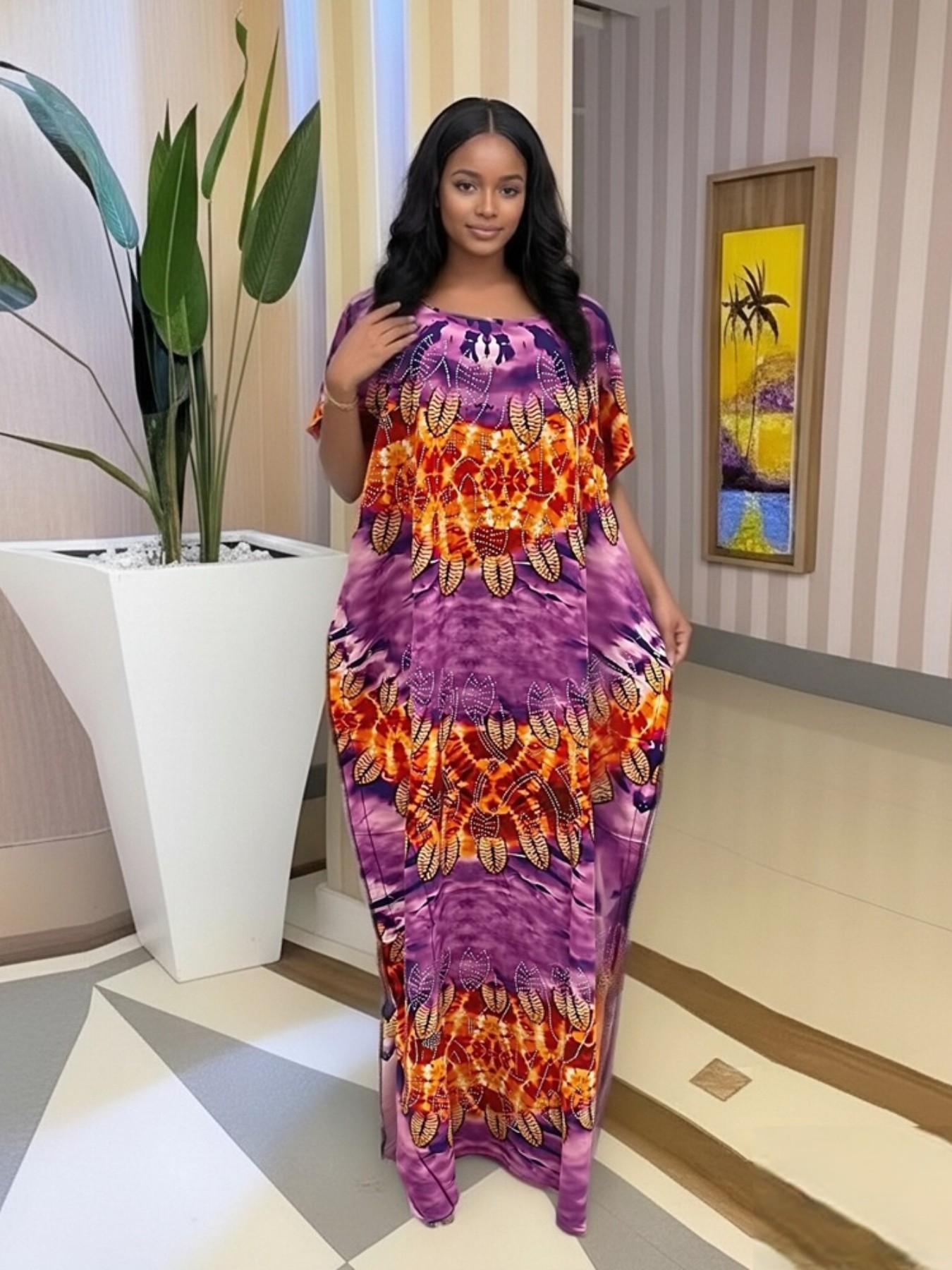 Summer New Fashion African Kaftan, Plus Size Loose Print Rhinestone Dress, Breathable Comfortable Elegant Party Long Dress, Matching Scarf Fringe