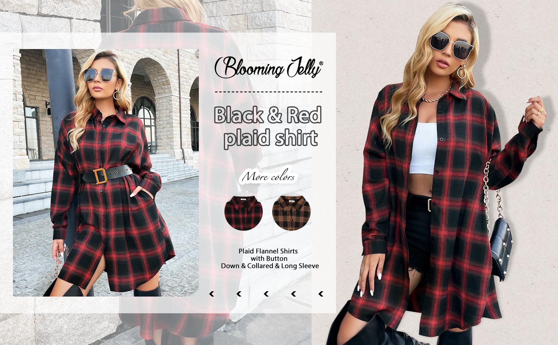Blooming Jelly Women's Button Down Flannel Shirts Plaid Shacket Long Sleeve Collared Long Jacket Coats #Springtok