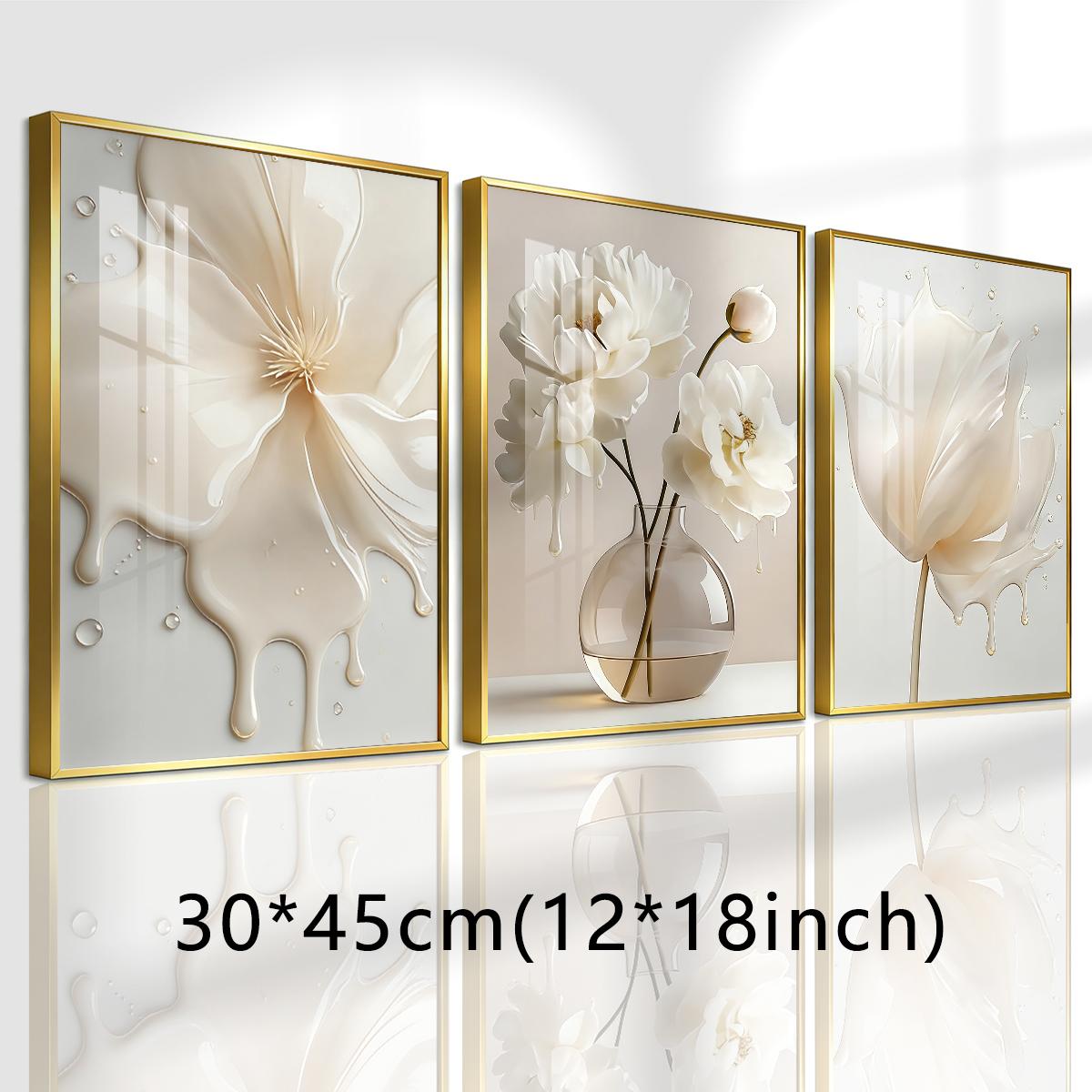 3 Counts Aluminum Alloy Framed Painting, Elegant White Liquid Floral Art Pictures, Home Decoration For Living Room, Bedroom, Office, Restaurant, Hallway Wall Decor, Odorless Print Artwork, Luxury Perfect Gift For Friends And Family