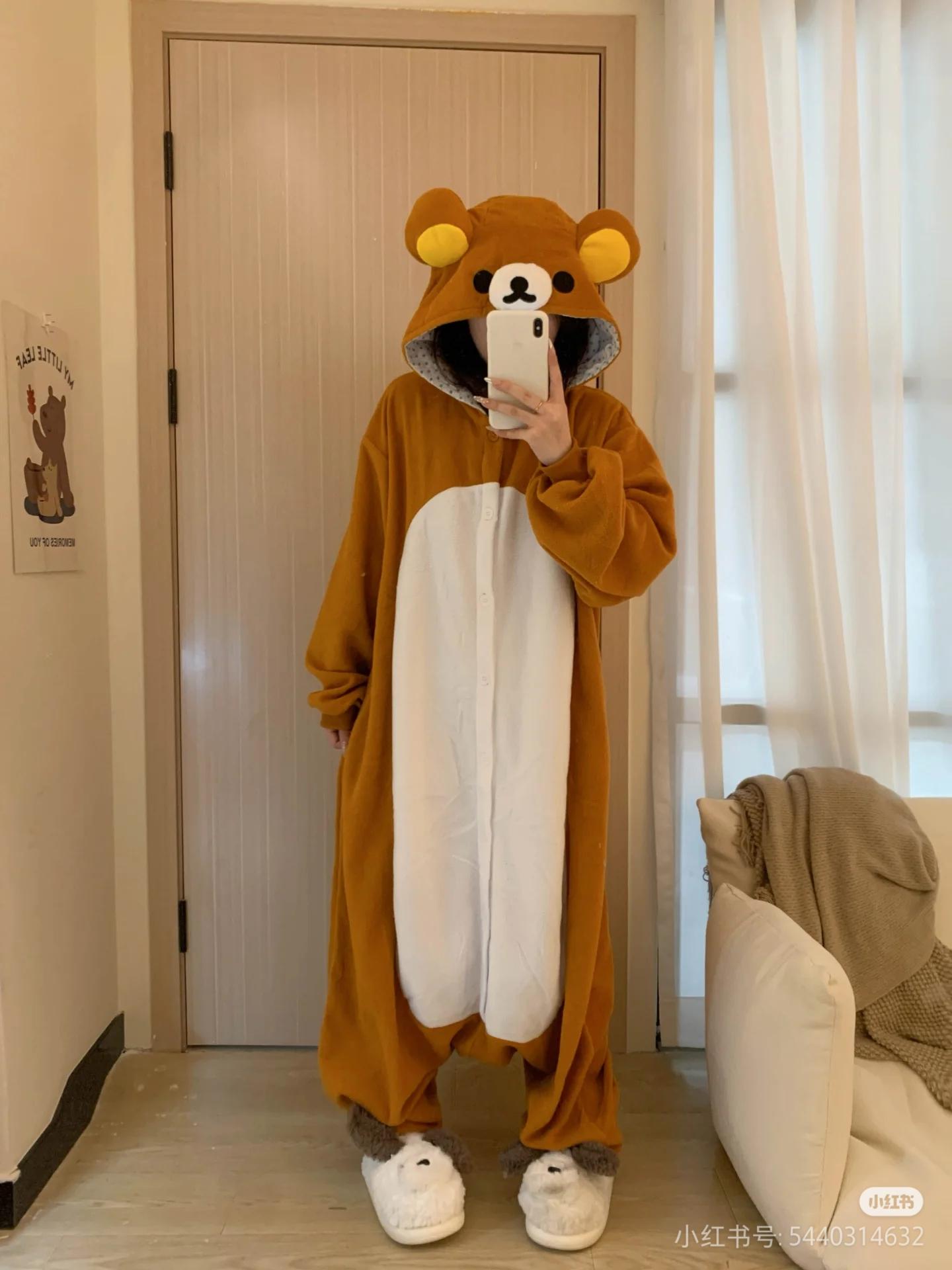 Adult Rilakkuma Kigurumi Bear Sister Onesie - Baggy Longsleeves Loose Polyester Anime Pajama, Oversized Cartoon Jumpsuit Nightwear & Loungewear