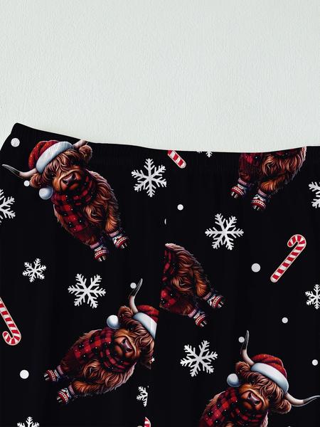 Women's Highland Cow Christmas Pajamas Set, Winter Thermal Long Sleeve Loungewear, Elastic Waist Pants, Black Soft & Cute Outdoor Christmas Costume, with Christmas Animal Hat, Tree, Snowflake, Candy Prints, Christmas Gift