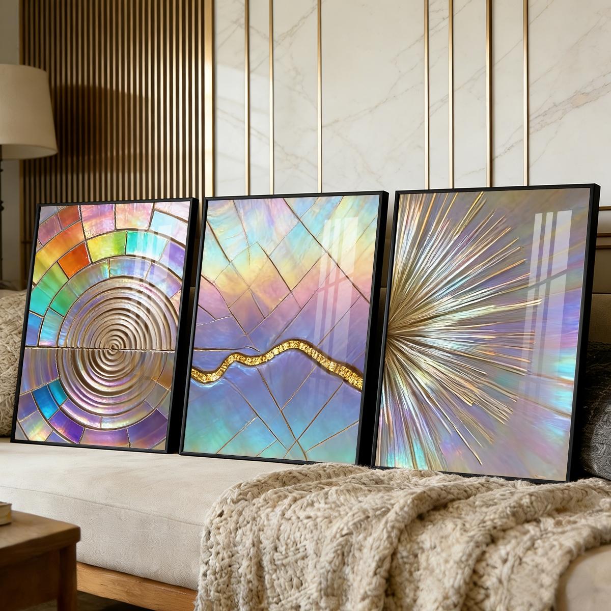 3 Counts Aluminum Alloy Framed Painting, Iridescent Abstract Geometric Art, Home Decoration For Living Room, Bedroom, Office, Restaurant, Hallway Wall Decor, Odorless Print Artwork, Luxury Perfect Gift For Friends And Family