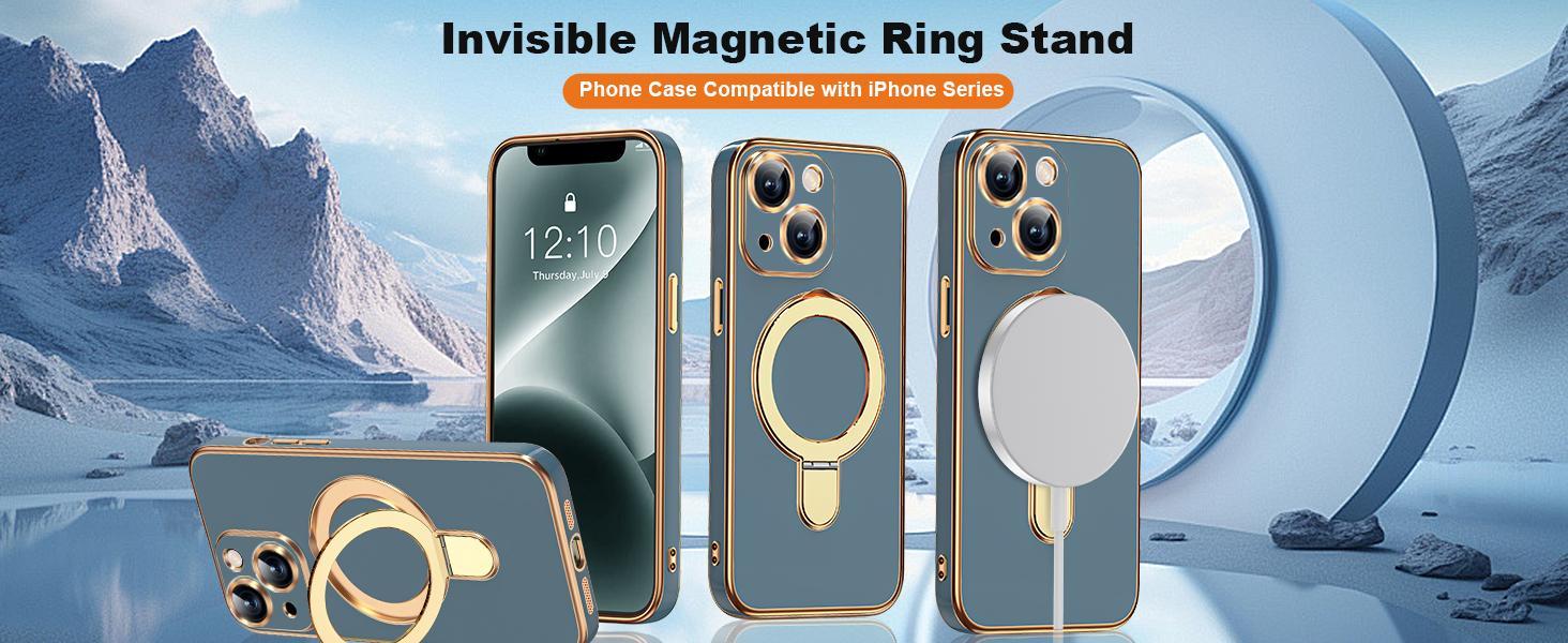 Compatible with iPhone 14 Case with Magnetic Ring Stand [Compatible with Mag-Safe] [Full Camera Lens Protector] Soft Plating Phone Case for iPhone 14 6.1", Grey Blue