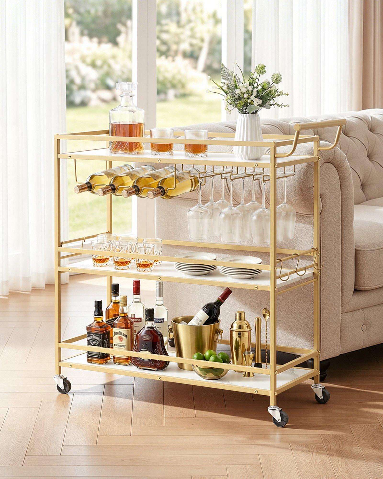 VEVOR Bar Cart Organiser, 3-Tier Modern Rolling Utility Station with Locking Wheels, Engineered Wood Shelf, Wine Rack, Glass Holder, for Bar Service & Outdoor Events, 35.83x12.99x36.81in Gold VEVOR Bar Cart Organiser, 3-Tier Modern Rolling Utility Station with Locking Wheels, Engineered Wood Shelf, Wine Rack, Glass Holder, for Bar Service & Outdoor Events, 35.83x12.99x36.81in Gold